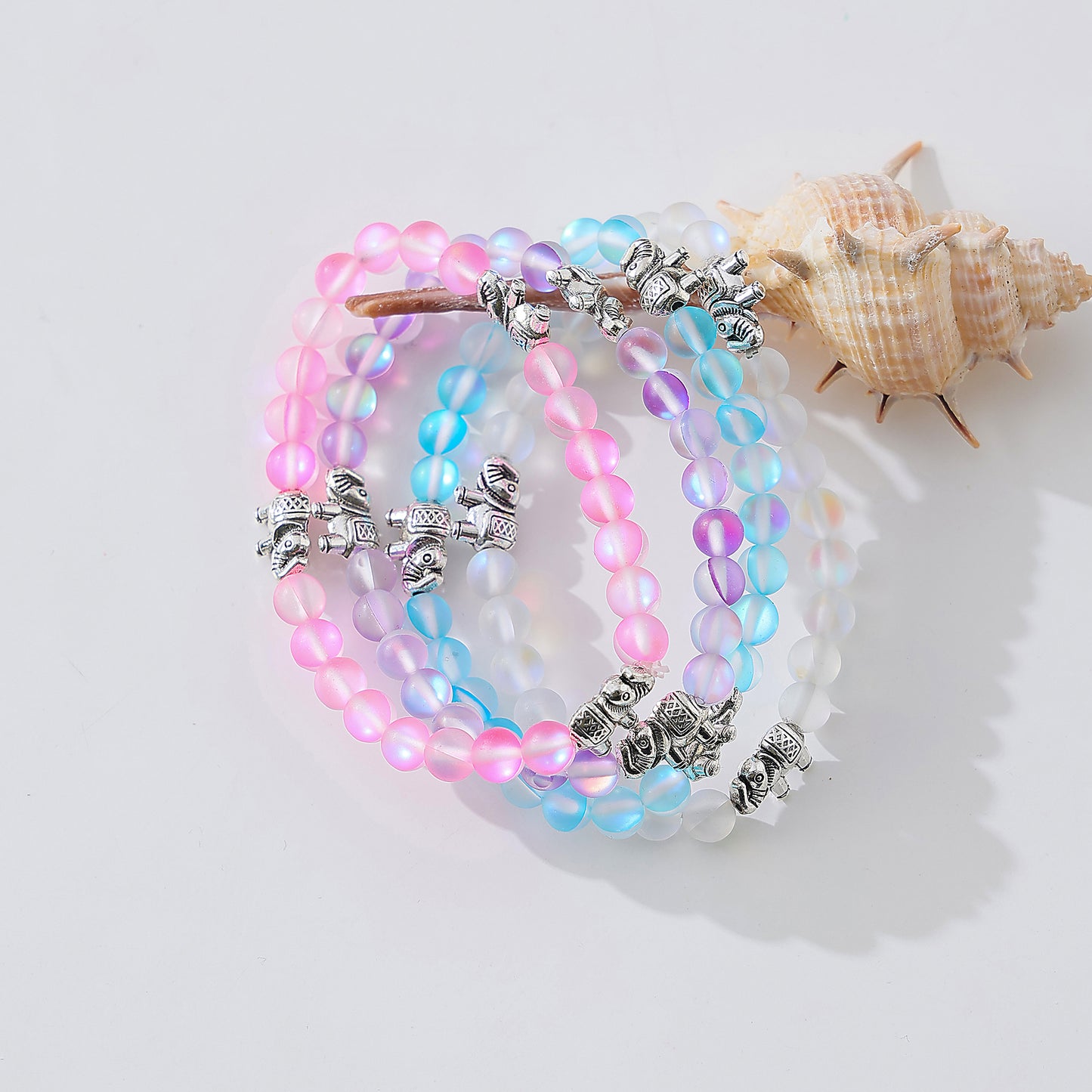 Stylish Assorted Iridescent Beaded Bracelets with Silvery Elephant Charms - Elastic Stretch Design for Women & Teens, Boho & Gift - Ready Jewelry