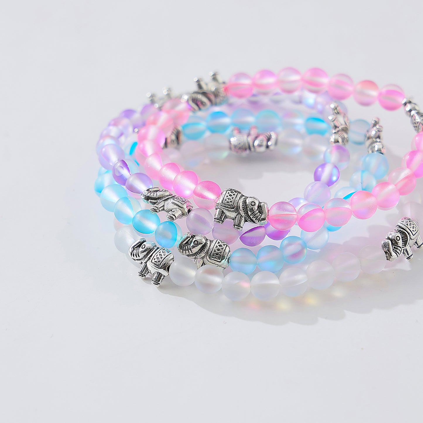 Stylish Assorted Iridescent Beaded Bracelets with Silvery Elephant Charms - Elastic Stretch Design for Women & Teens, Boho & Gift - Ready Jewelry