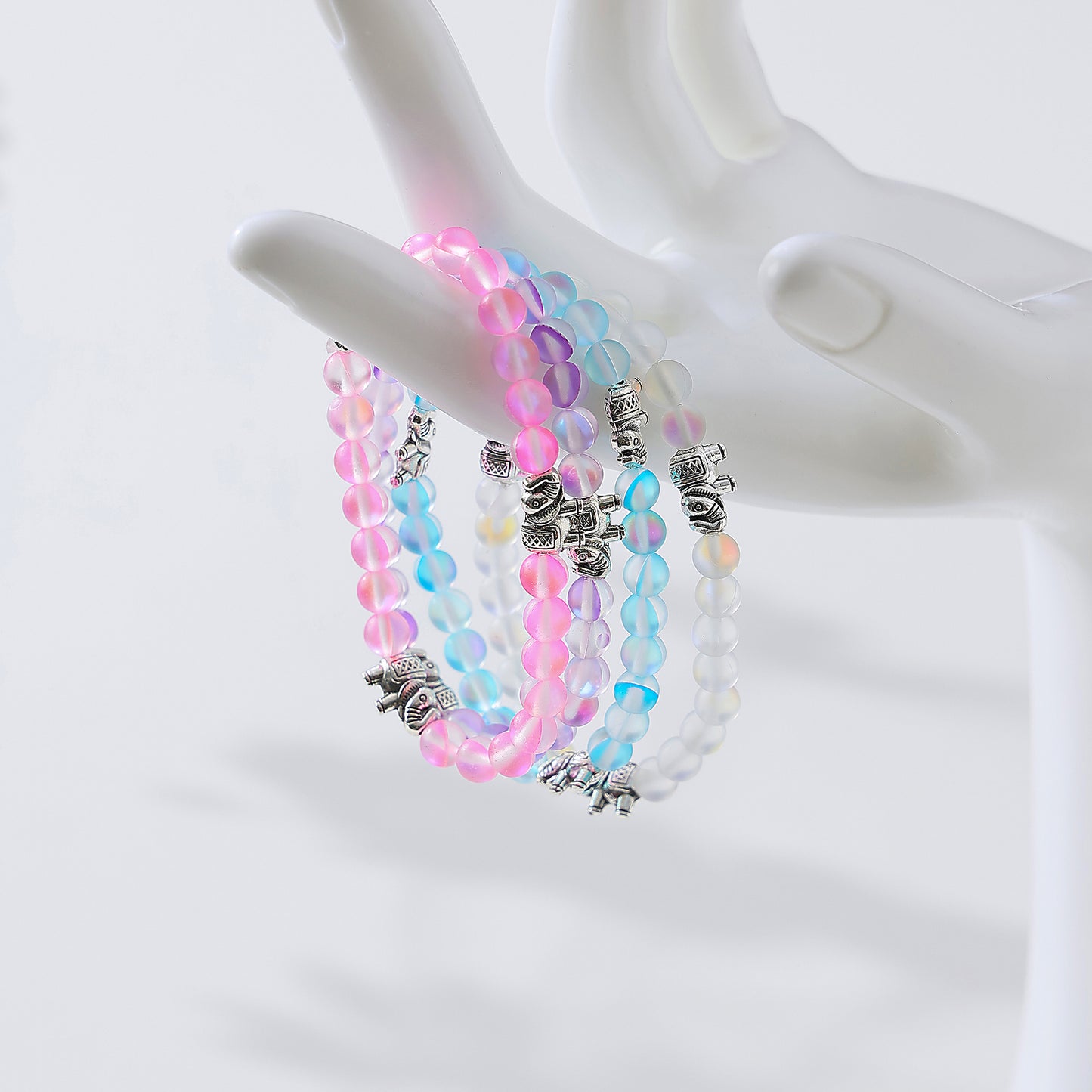 Stylish Assorted Iridescent Beaded Bracelets with Silvery Elephant Charms - Elastic Stretch Design for Women & Teens, Boho & Gift - Ready Jewelry