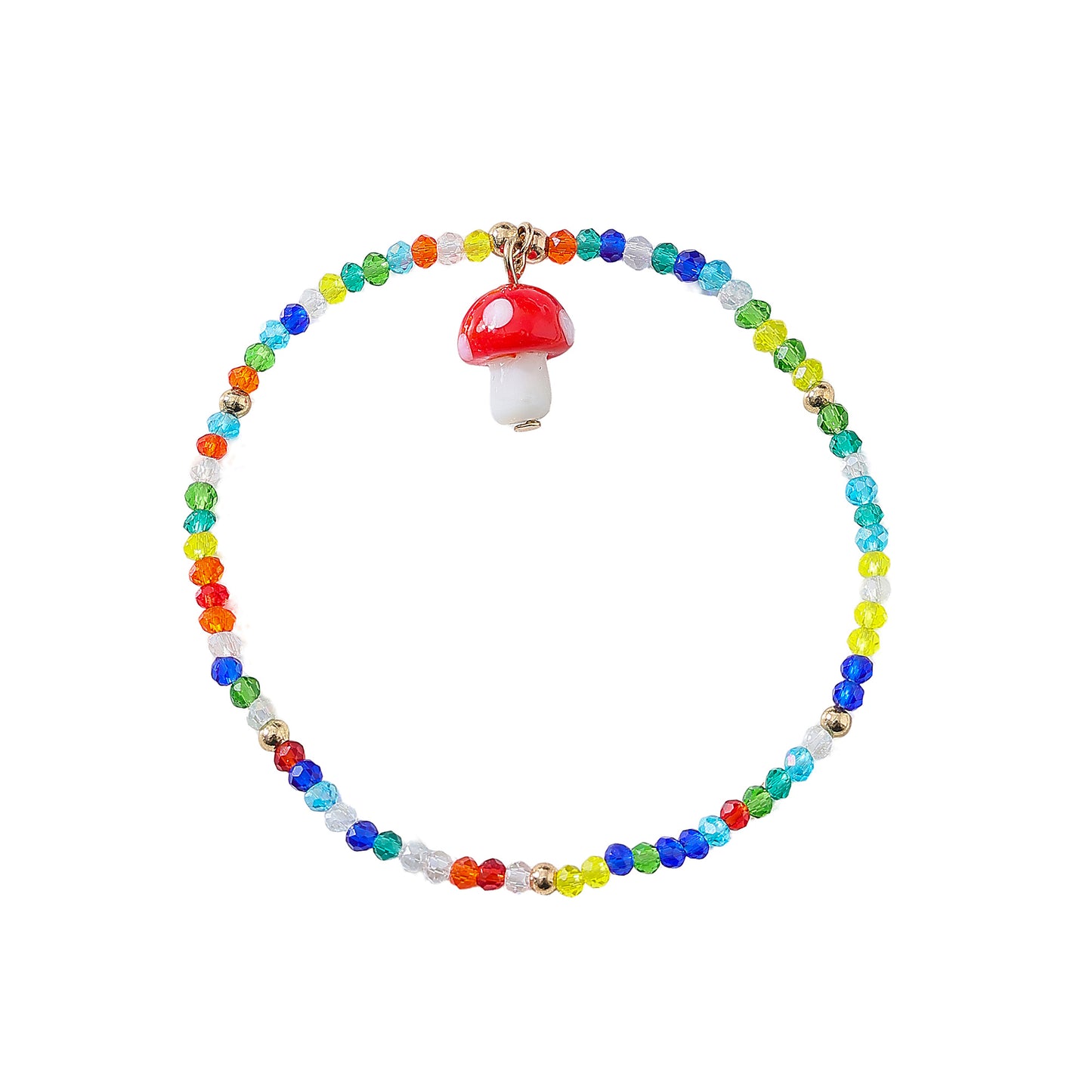Vibrant Elastic Beaded Bracelet with Colorful Glass Mushroom Charms - Trendy and Versatile Accessory for Women and Girls