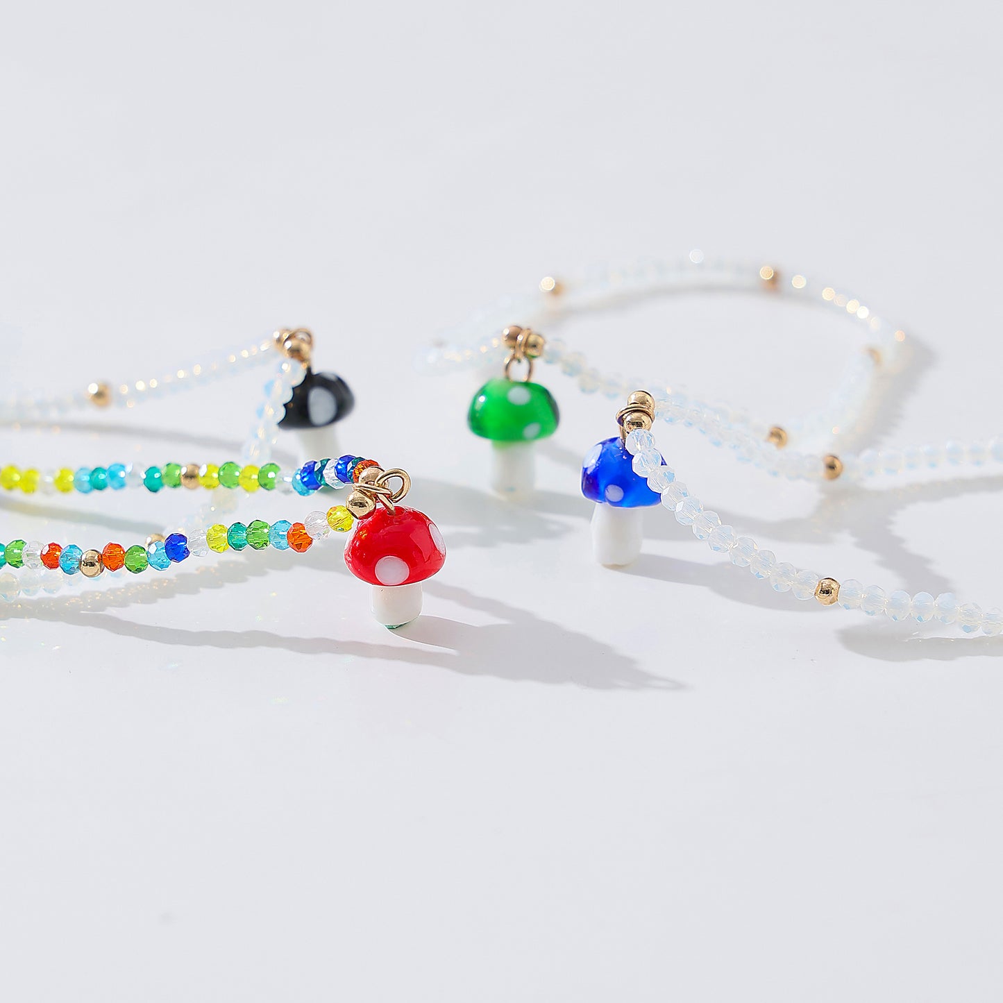 Vibrant Elastic Beaded Bracelet with Colorful Glass Mushroom Charms - Trendy and Versatile Accessory for Women and Girls