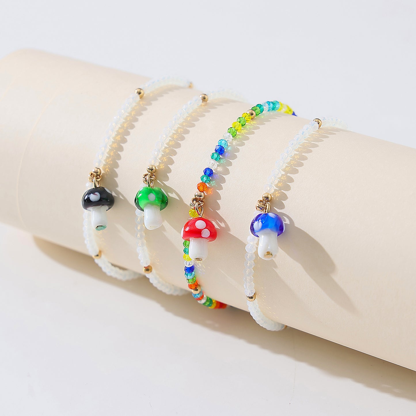 Vibrant Elastic Beaded Bracelet with Colorful Glass Mushroom Charms - Trendy and Versatile Accessory for Women and Girls
