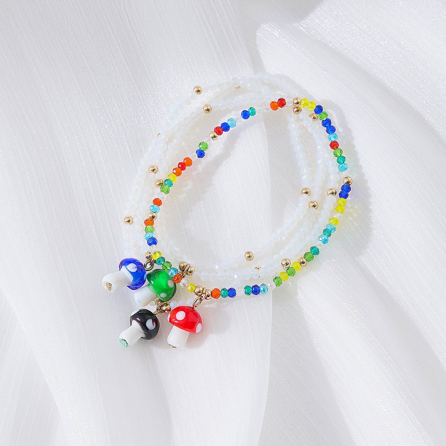 Vibrant Elastic Beaded Bracelet with Colorful Glass Mushroom Charms - Trendy and Versatile Accessory for Women and Girls