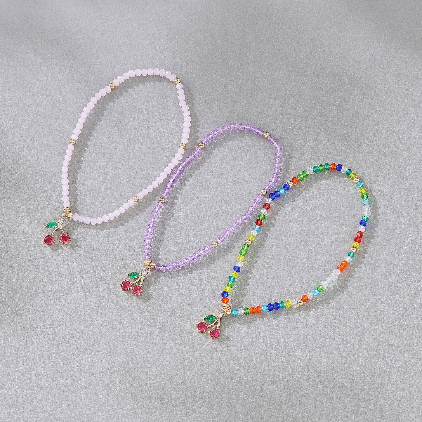 Charming Elastic Beaded Bracelets with Colorful Crystal Cherry Charms for Women and Girls
