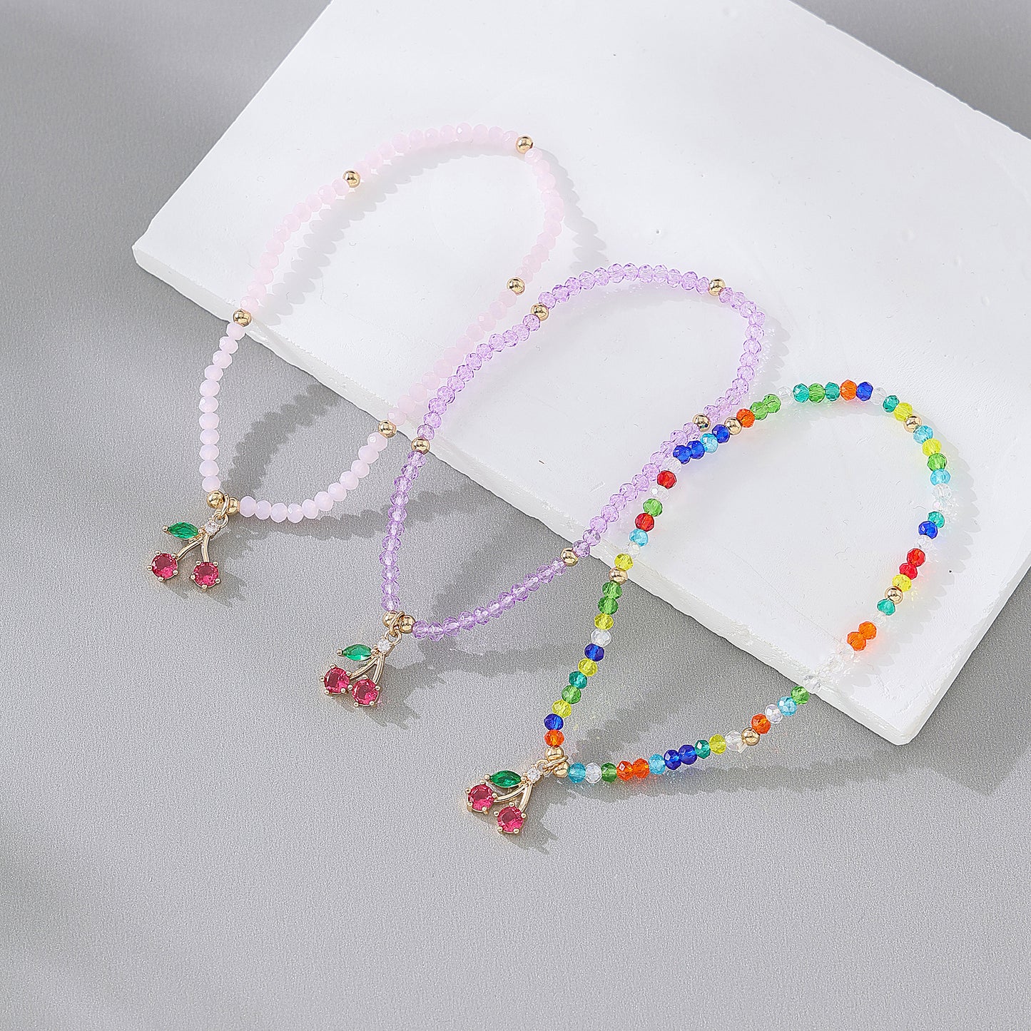Charming Elastic Beaded Bracelets with Colorful Crystal Cherry Charms for Women and Girls