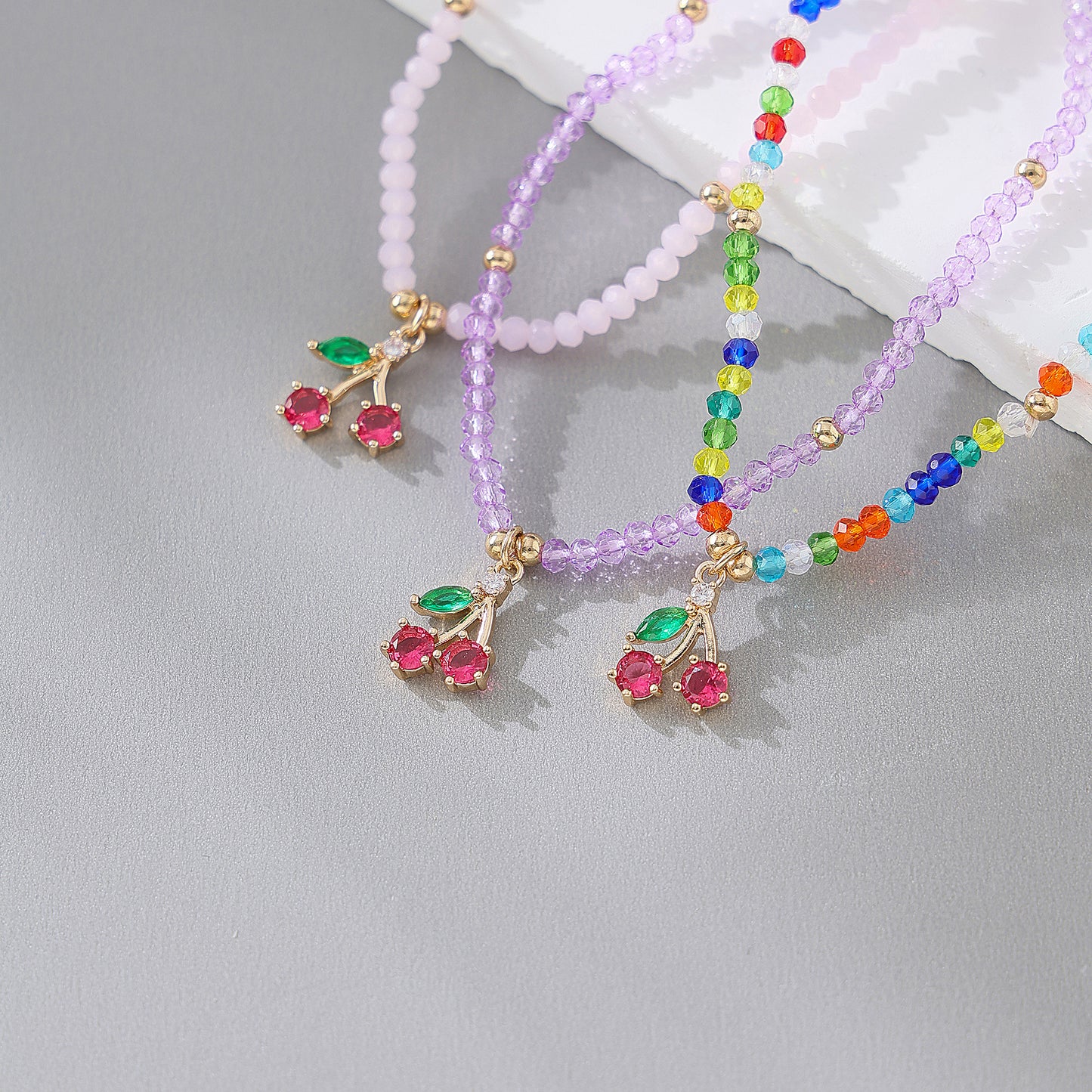 Charming Elastic Beaded Bracelets with Colorful Crystal Cherry Charms for Women and Girls