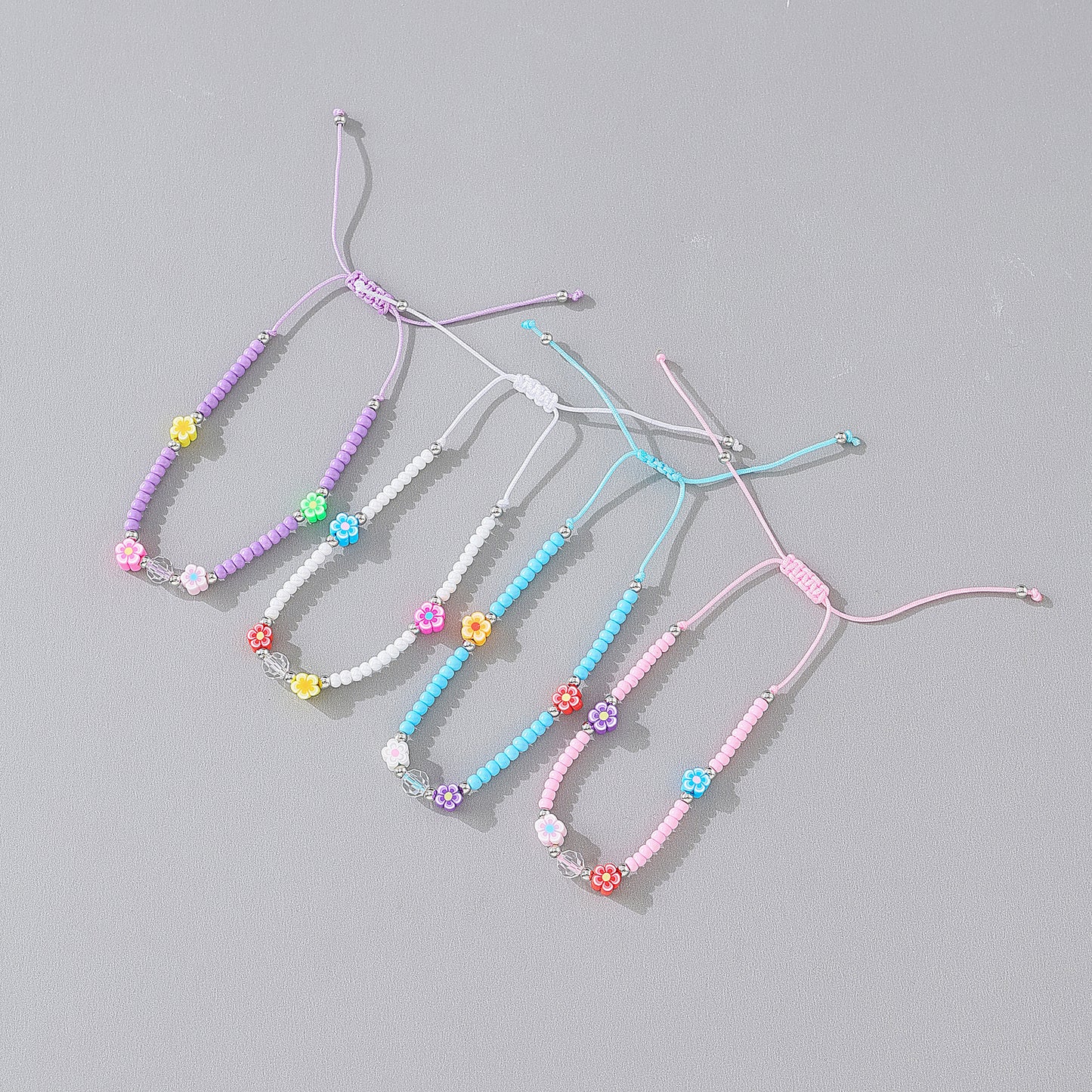 Charming Beaded String Bracelets with Colorful Fimo Flower Beads for Women and Teens - Handmade Adjustable Jewelry