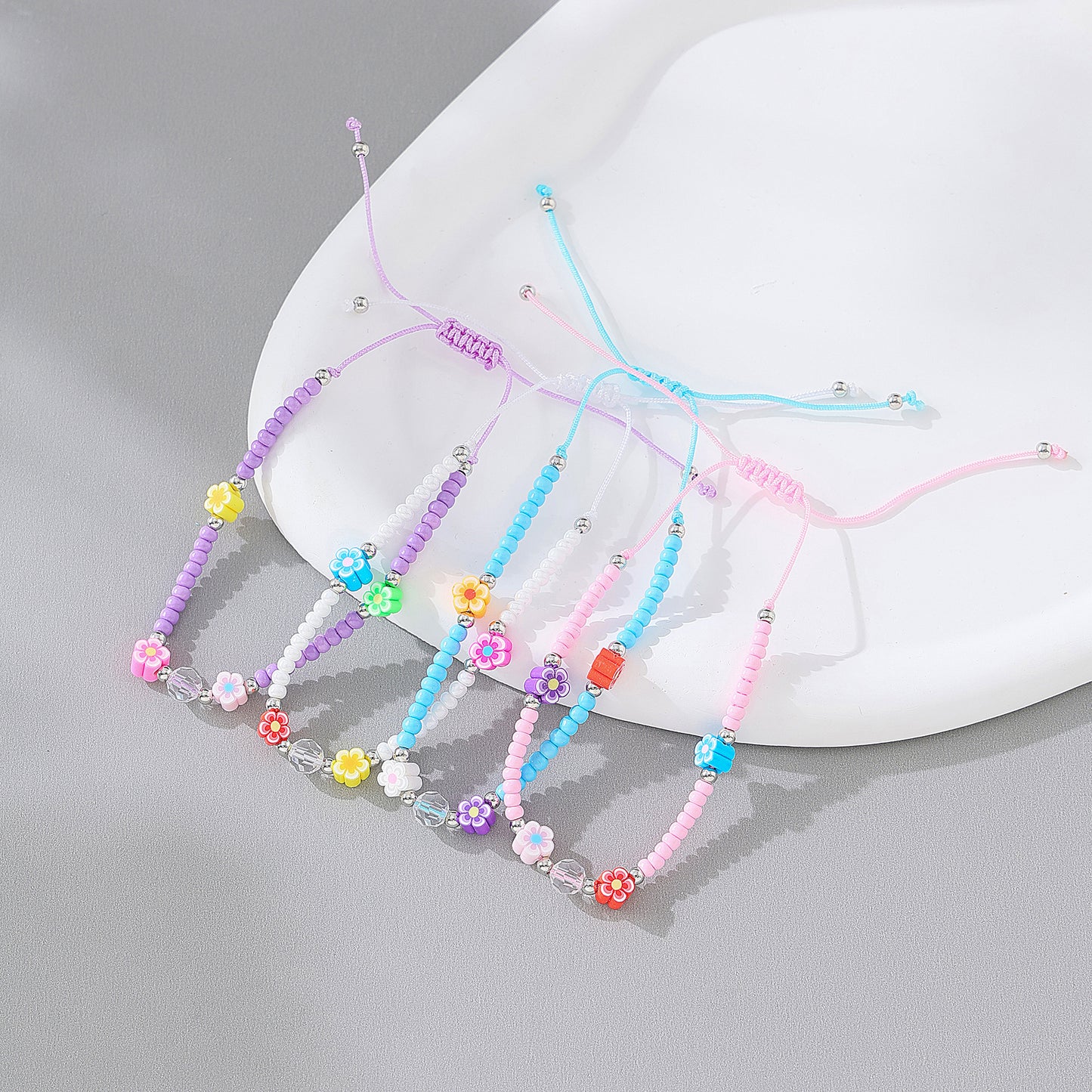 Charming Beaded String Bracelets with Colorful Fimo Flower Beads for Women and Teens - Handmade Adjustable Jewelry