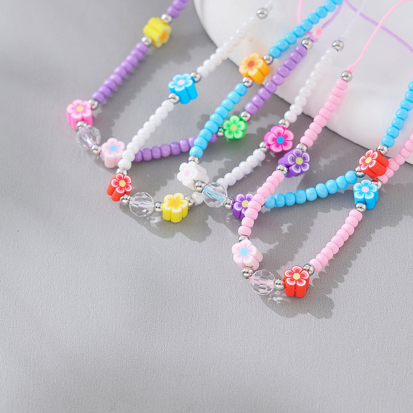 Charming Beaded String Bracelets with Colorful Fimo Flower Beads for Women and Teens - Handmade Adjustable Jewelry