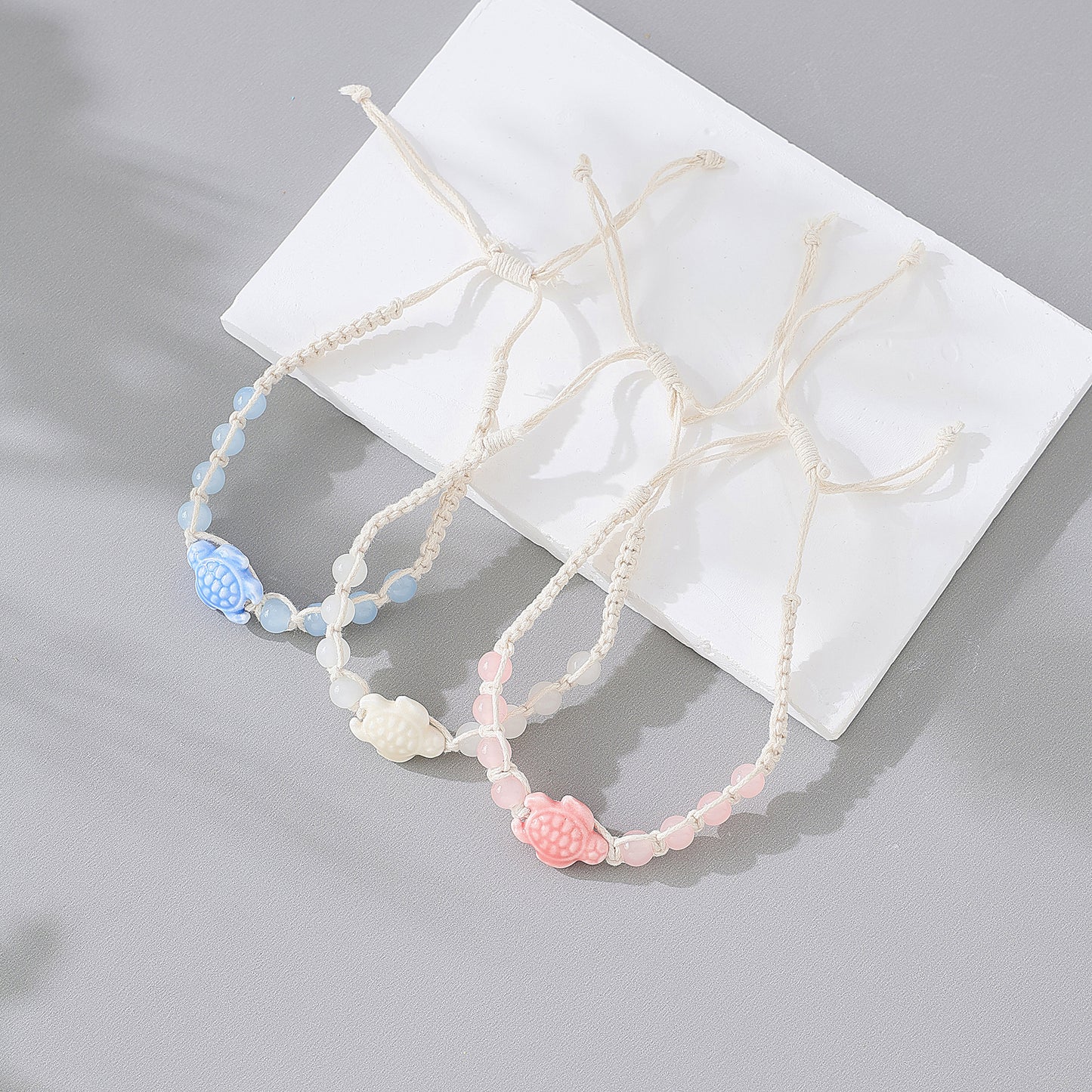 Assorted Ceramic Turtle Beaded Macramé Bracelets - Boho Coastal Style Jewelry for Women & Girls, Adjustable Handmade Accessories