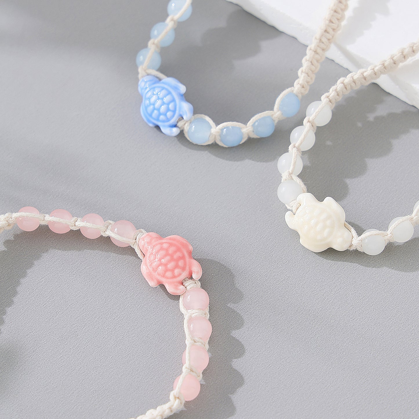 Assorted Ceramic Turtle Beaded Macramé Bracelets - Boho Coastal Style Jewelry for Women & Girls, Adjustable Handmade Accessories
