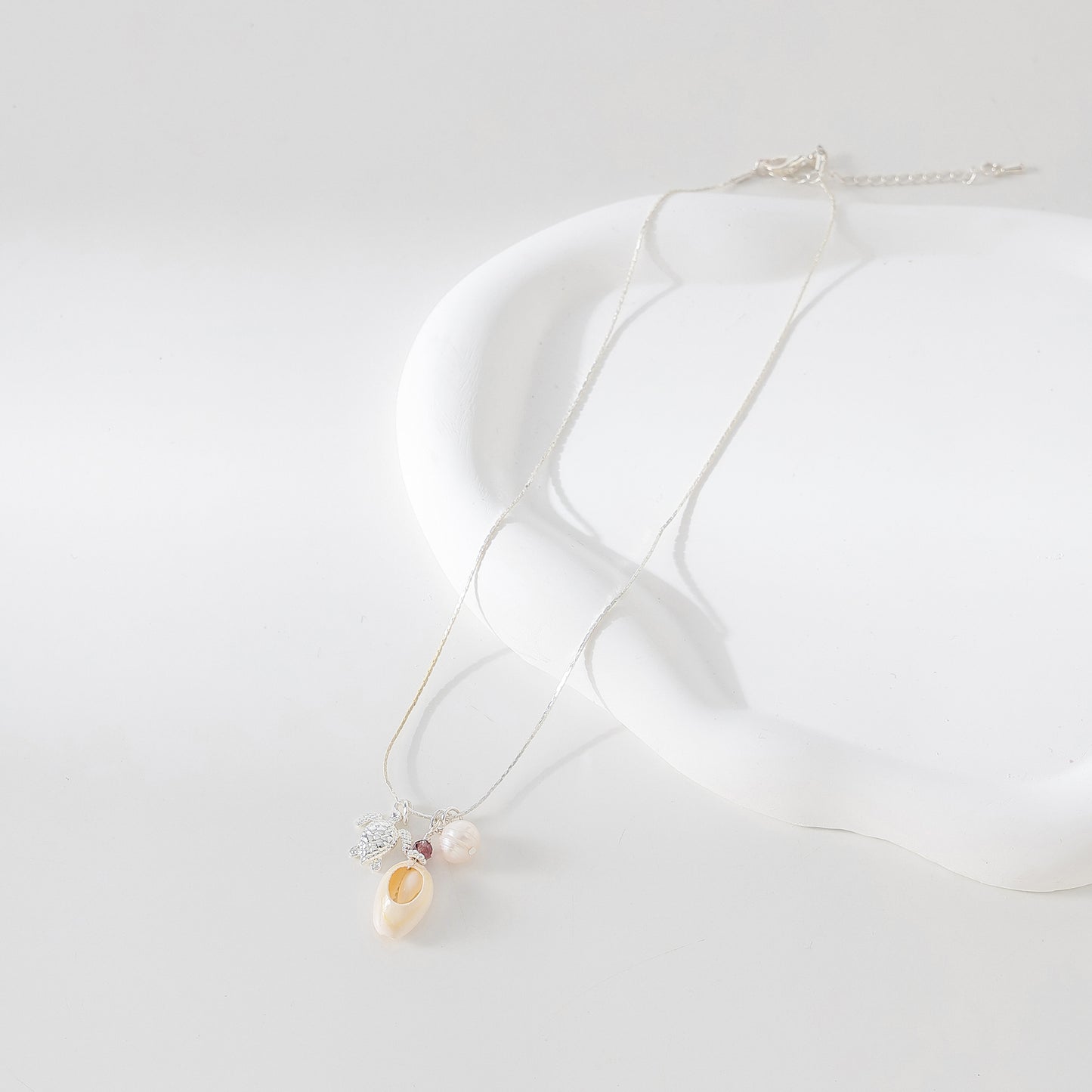 Charming Cowrie Shell, Silver Turtle & Pearl Necklace - Boho Coastal Style Jewelry