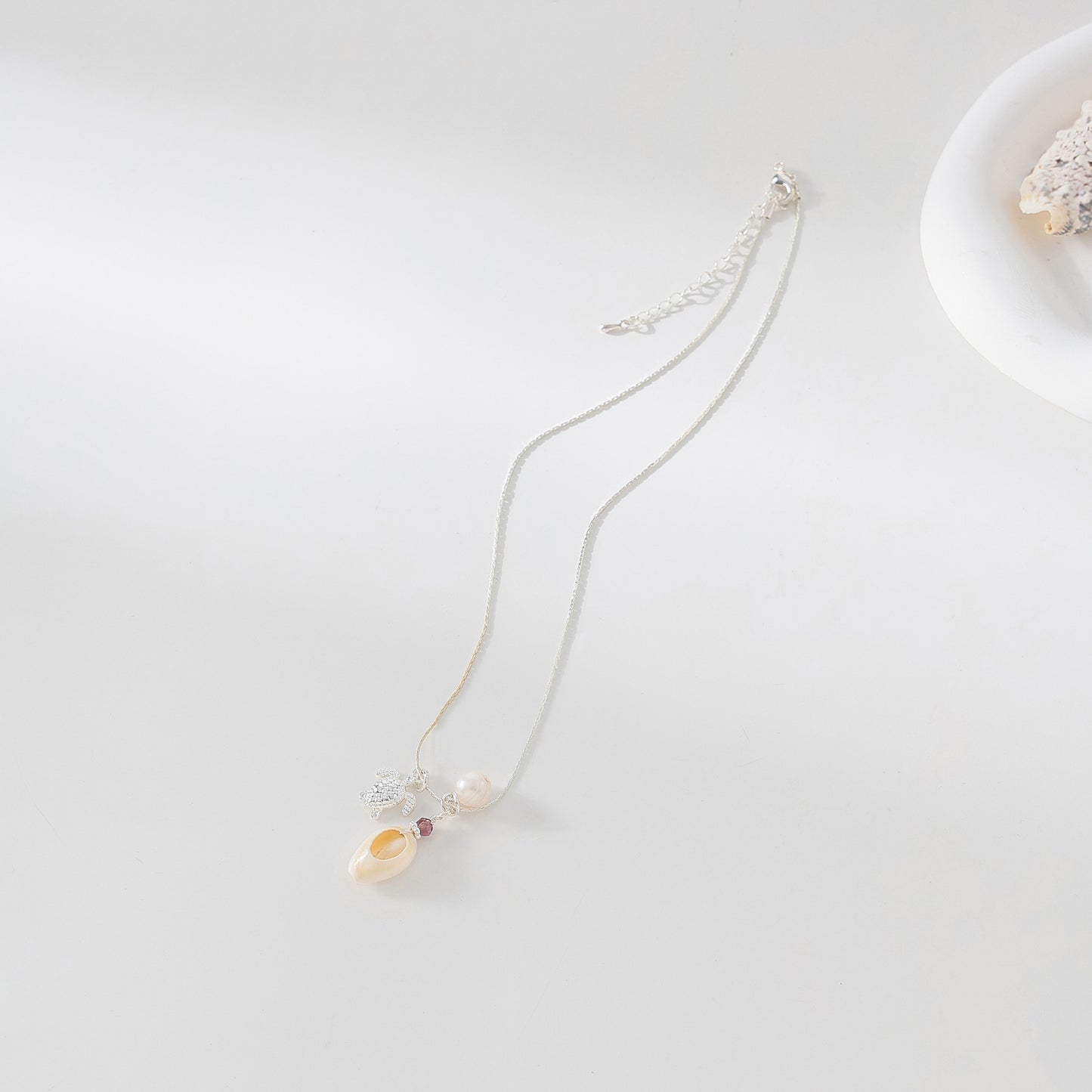 Charming Cowrie Shell, Silver Turtle & Pearl Necklace - Boho Coastal Style Jewelry