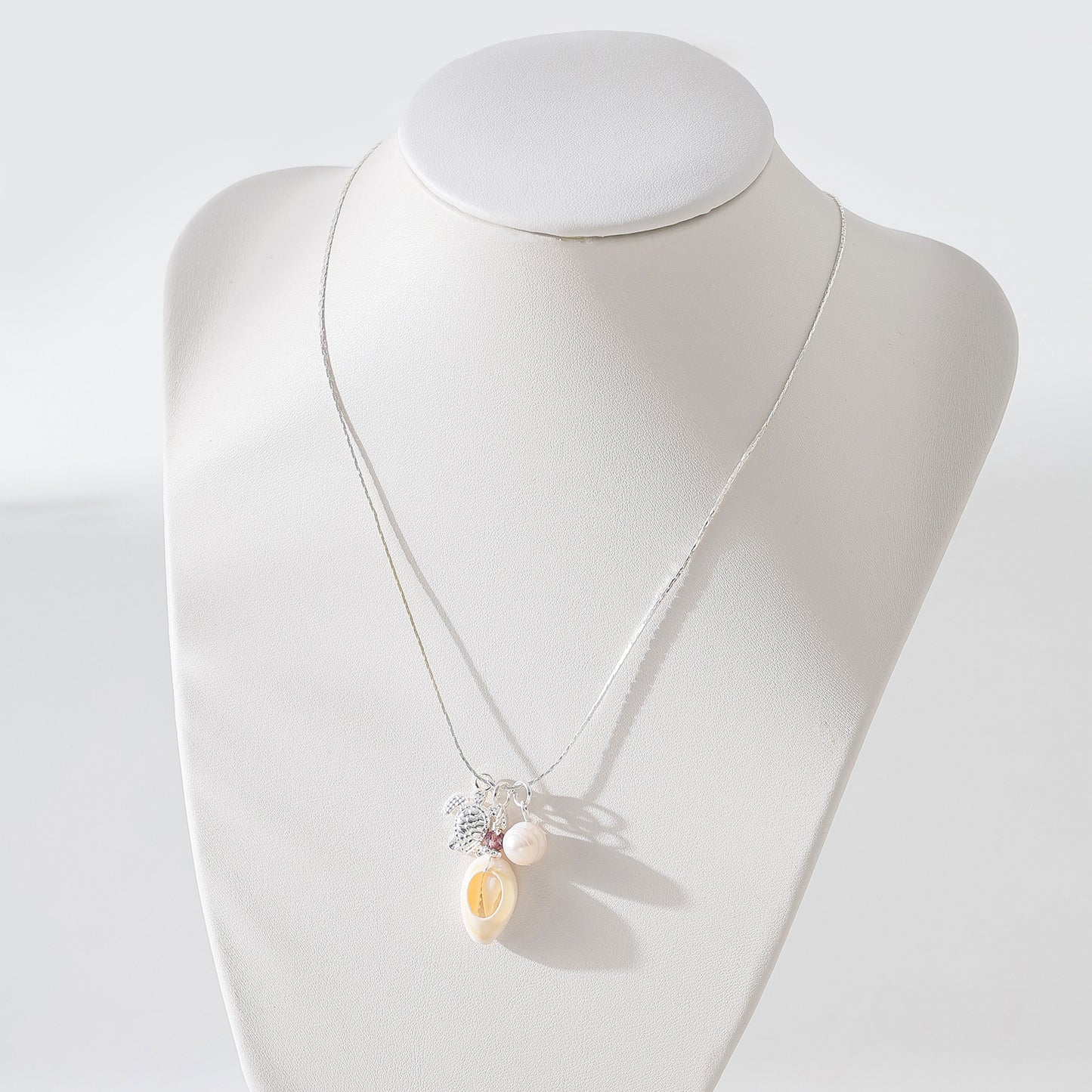 Charming Cowrie Shell, Silver Turtle & Pearl Necklace - Boho Coastal Style Jewelry