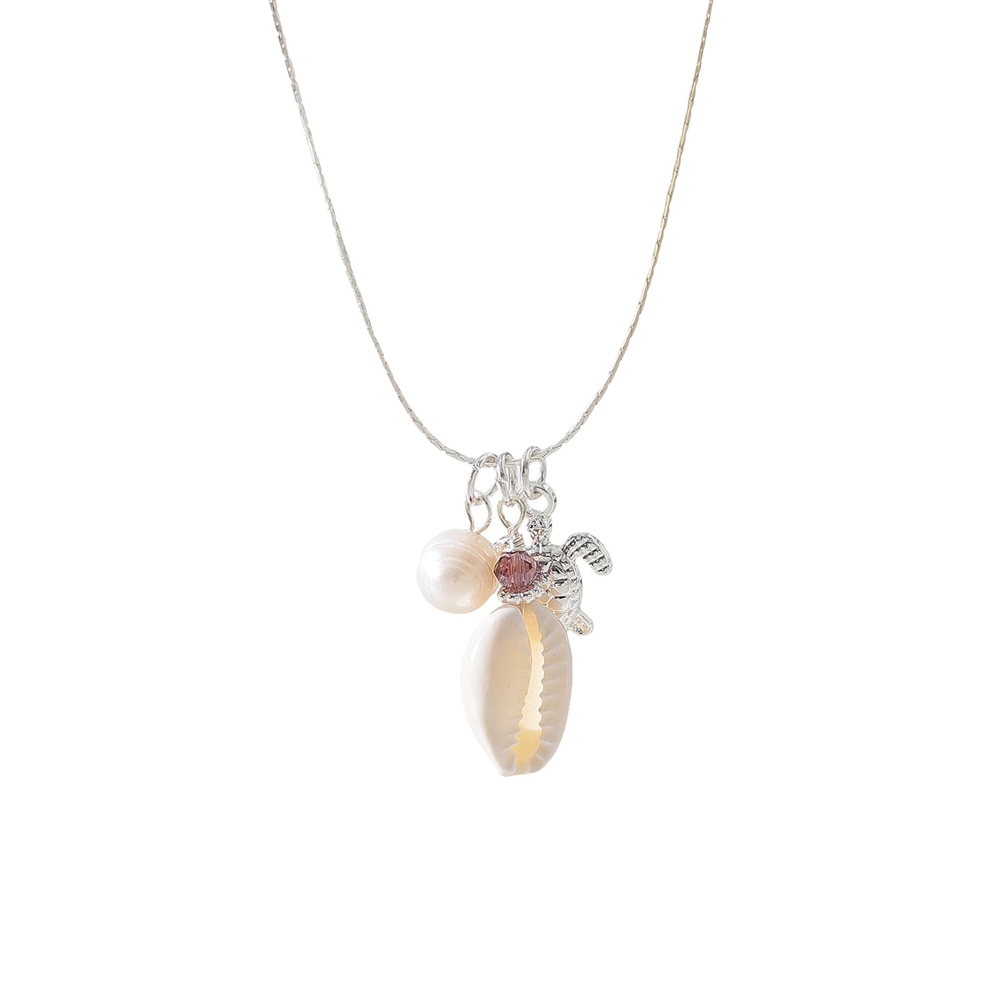 Charming Cowrie Shell, Silver Turtle & Pearl Necklace - Boho Coastal Style Jewelry