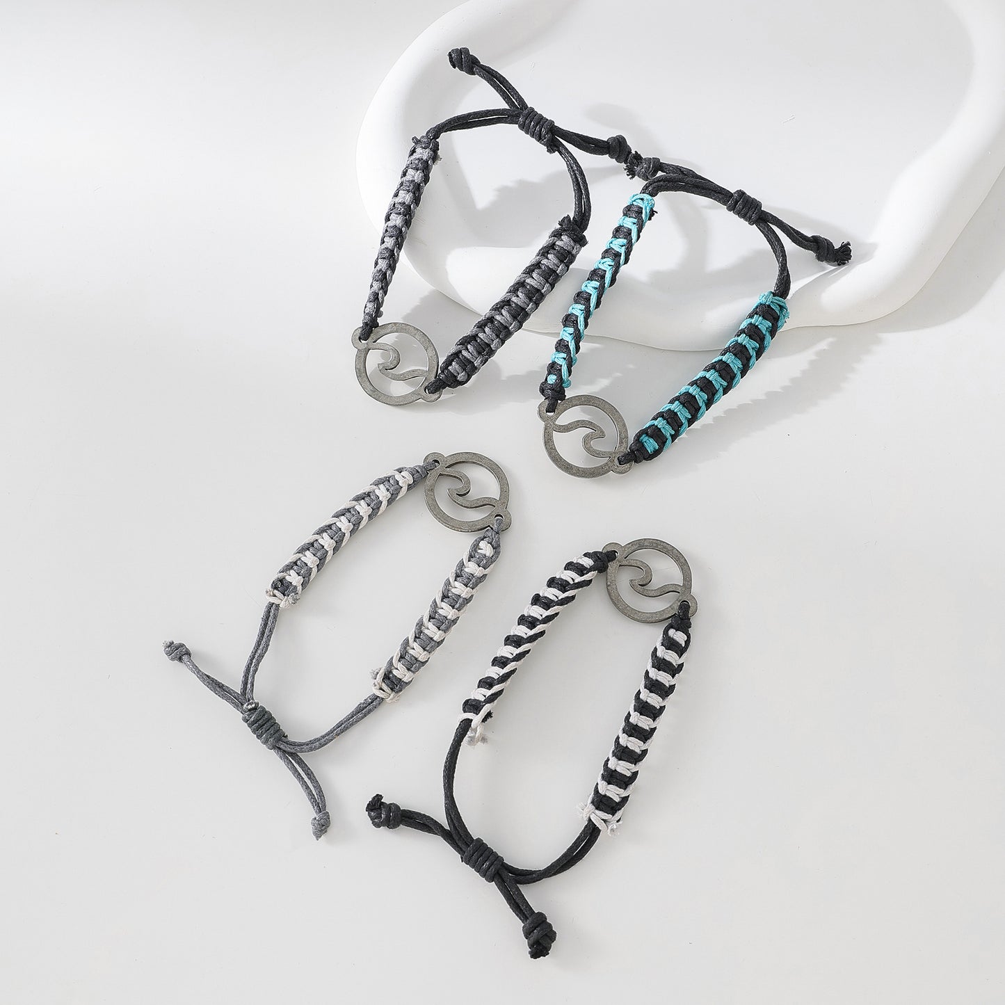 Boho - Chic Pewter Wave Macrame Bracelet: Hand-Woven Ocean-Inspired Jewelry for Men and Women