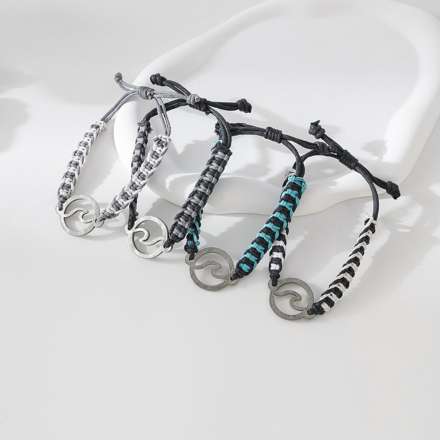 Boho - Chic Pewter Wave Macrame Bracelet: Hand-Woven Ocean-Inspired Jewelry for Men and Women