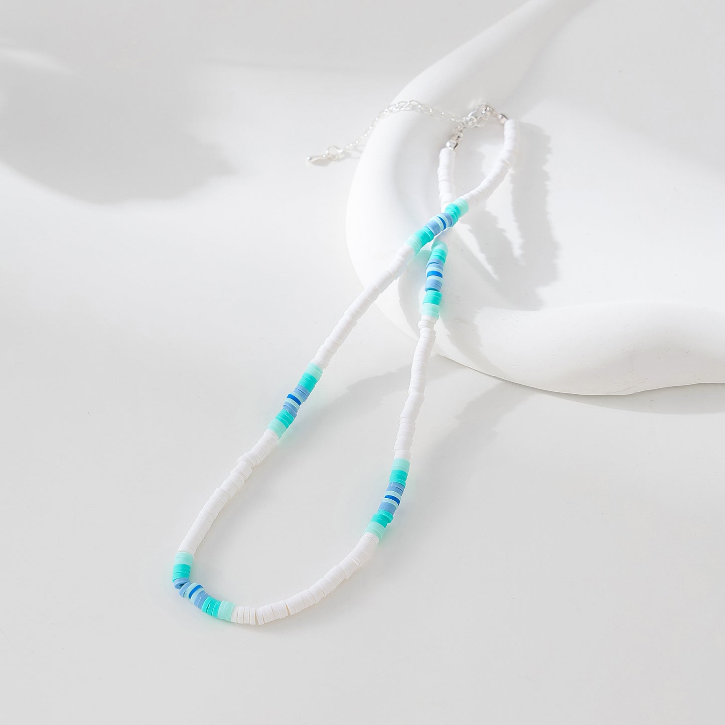 Boho - Chic Gradient Fimo Beaded Necklace in White: Coastal - Inspired Layering Jewelry