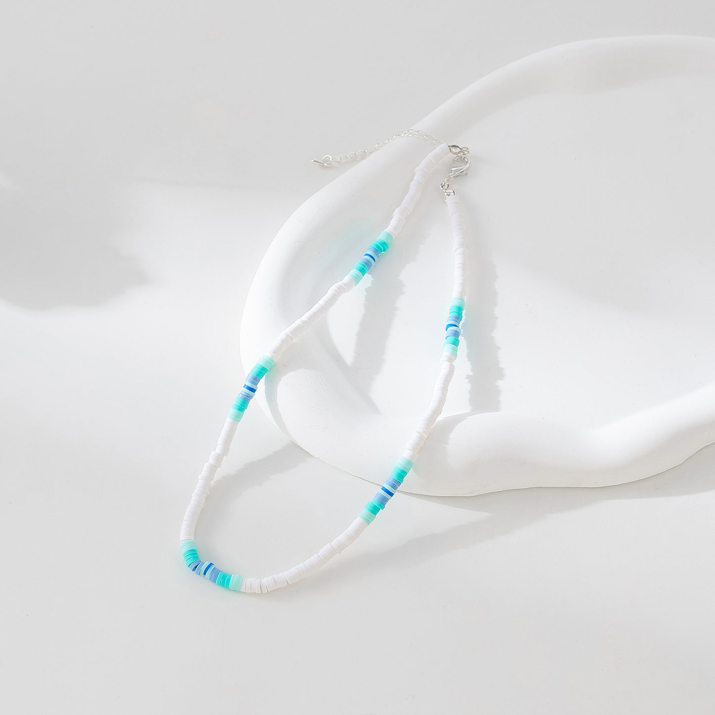 Boho - Chic Gradient Fimo Beaded Necklace in White: Coastal - Inspired Layering Jewelry