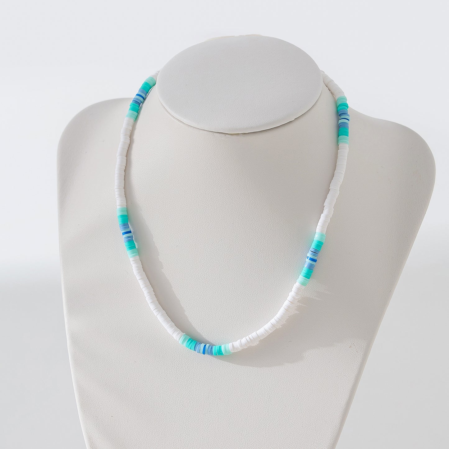 Boho - Chic Gradient Fimo Beaded Necklace in White: Coastal - Inspired Layering Jewelry
