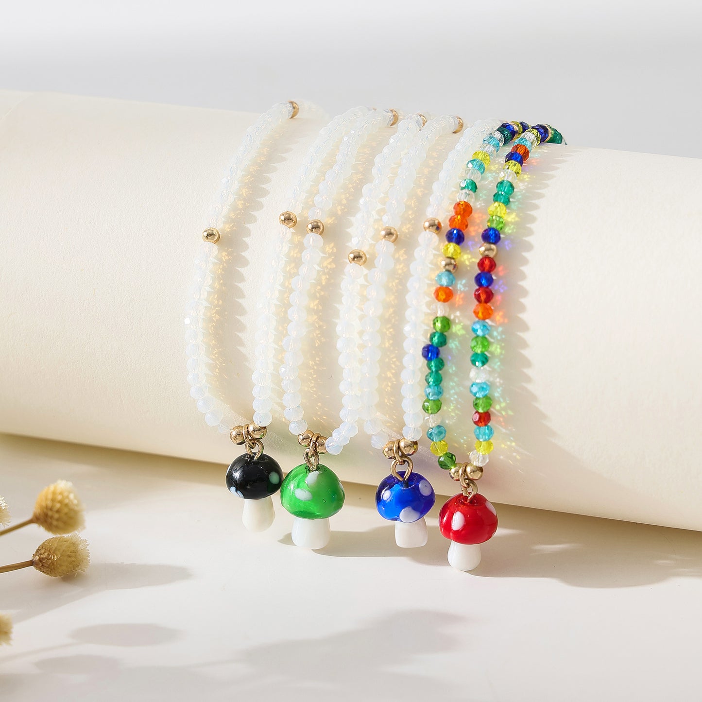 Boho - Chic Assorted Beaded Necklaces with Vibrant Glass Mushroom Charms