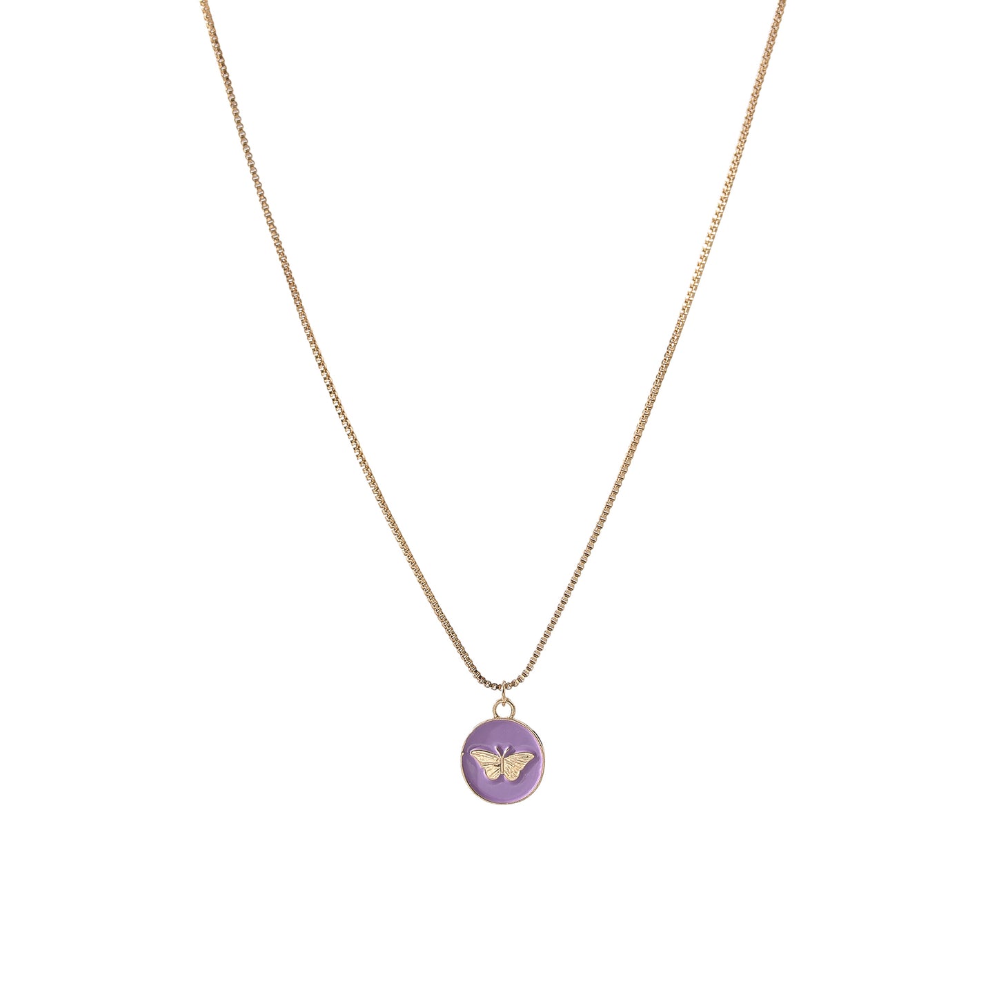 Enchanting Gold - Tone Chain Necklace with Round Enamel Pendants Featuring Delicate Butterfly Designs