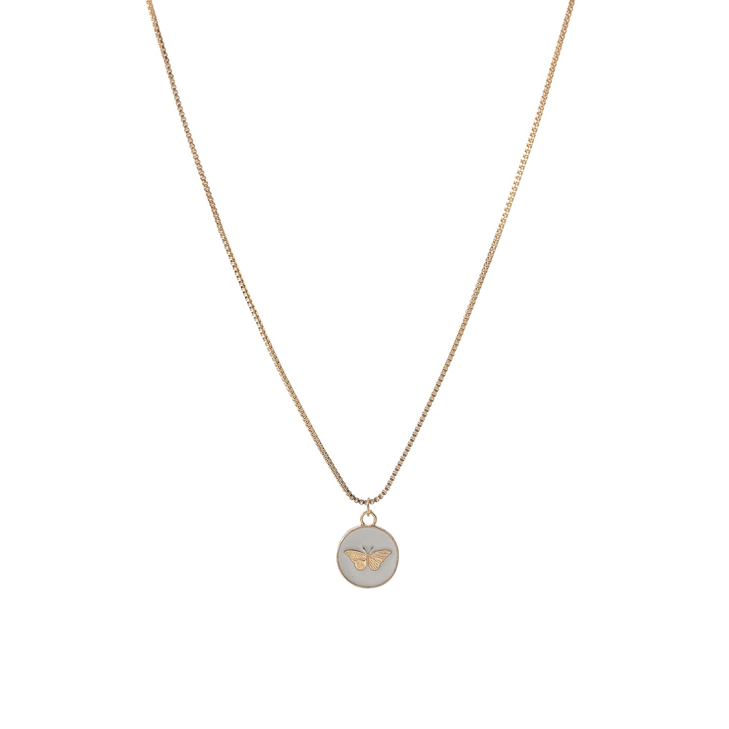 Enchanting Gold - Tone Chain Necklace with Round Enamel Pendants Featuring Delicate Butterfly Designs
