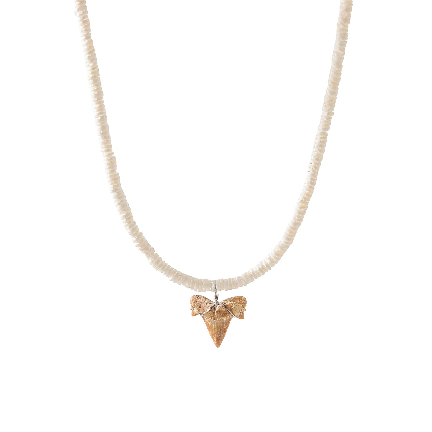 Exquisite White Rounded Shell Necklace with Fossilized Shark Tooth Pendant - Beachy Boho Style Jewelry