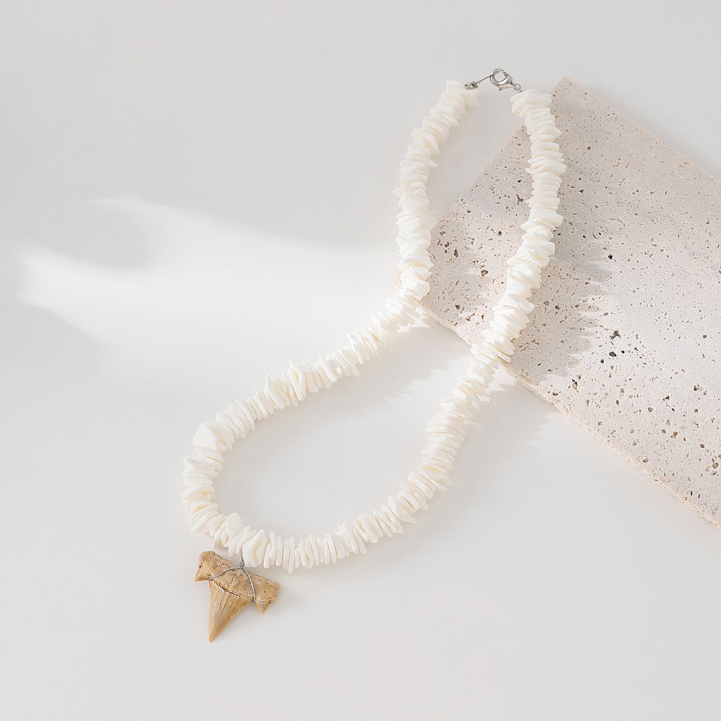 Exquisite Shark Tooth Necklace with Irregular White Shell Beads - Beachy Boho Style Jewelry