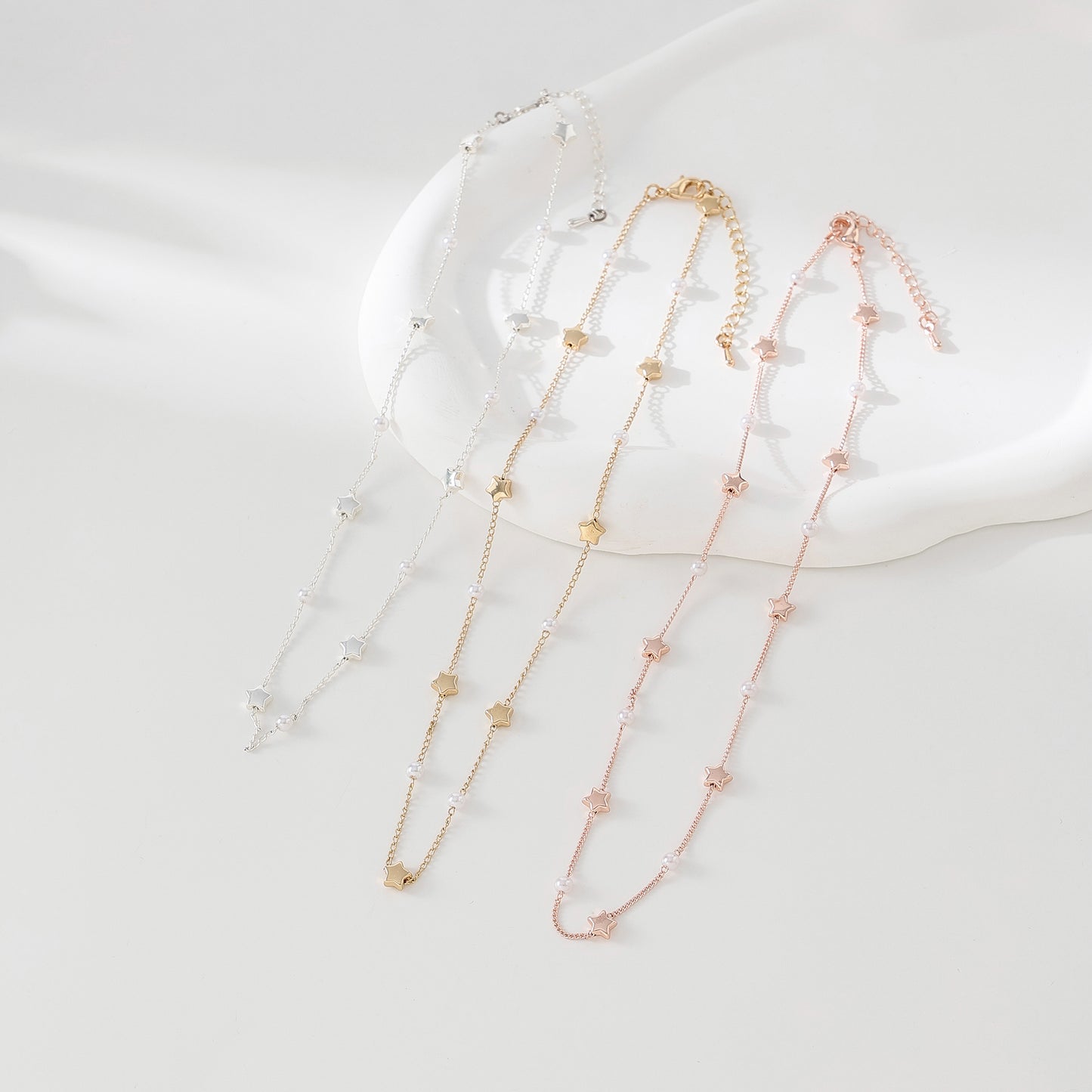 Stylish Star - Pearl Layered Necklaces in Silver, Gold, and Rose Gold for Women
