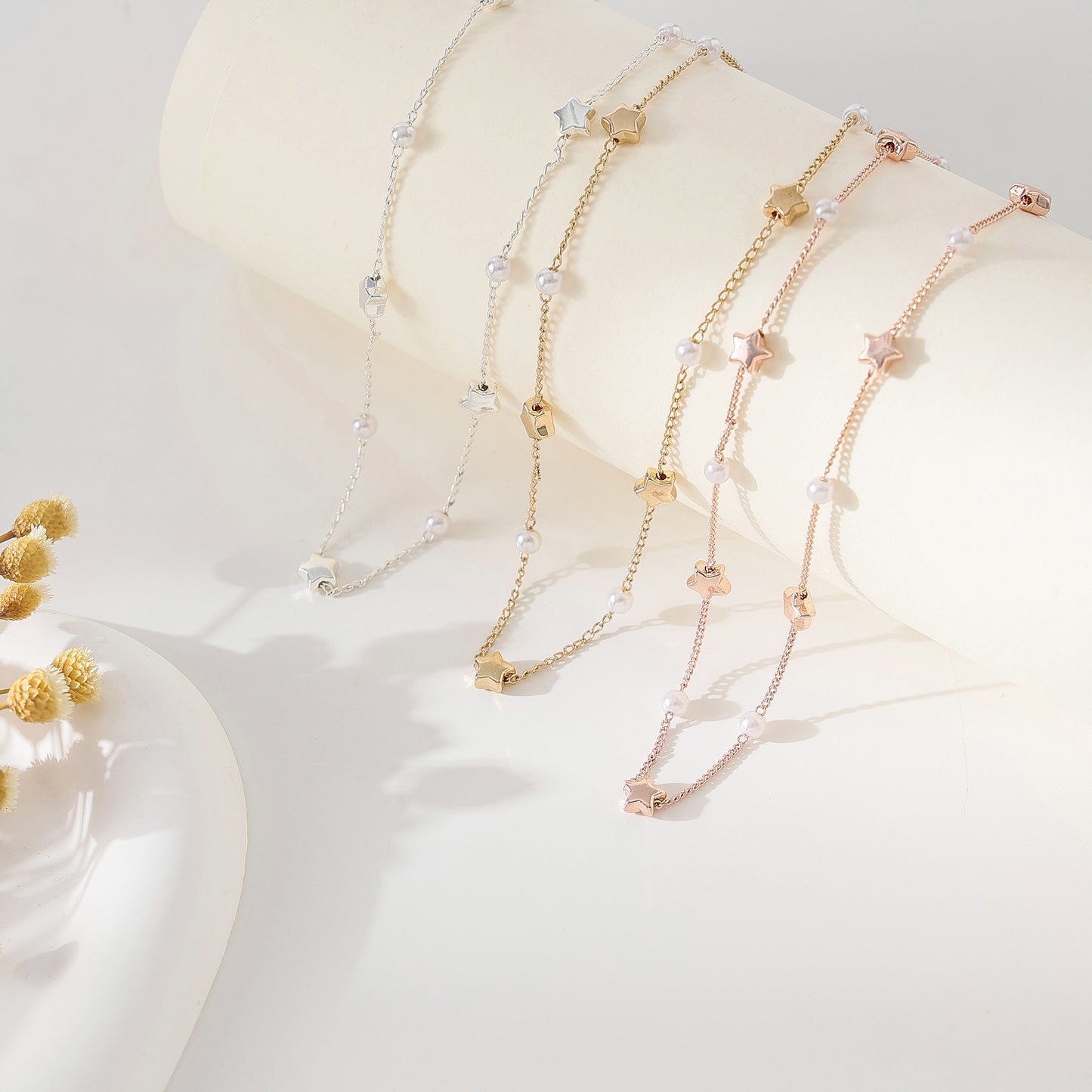 Stylish Star - Pearl Layered Necklaces in Silver, Gold, and Rose Gold for Women