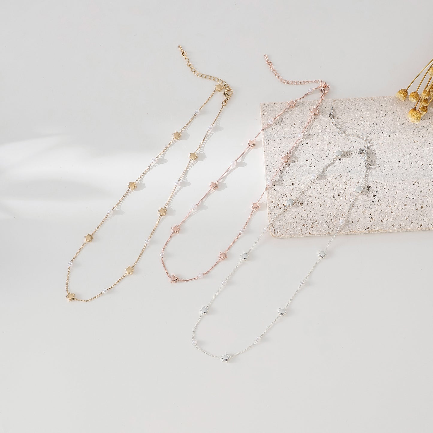 Stylish Star - Pearl Layered Necklaces in Silver, Gold, and Rose Gold for Women