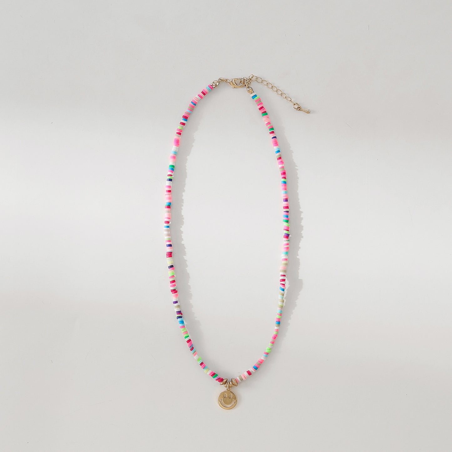 Colorful Thin Fimo Bead Necklace with Gold - Tone Smiley Face Pendant, Boho - Style Jewelry for Women