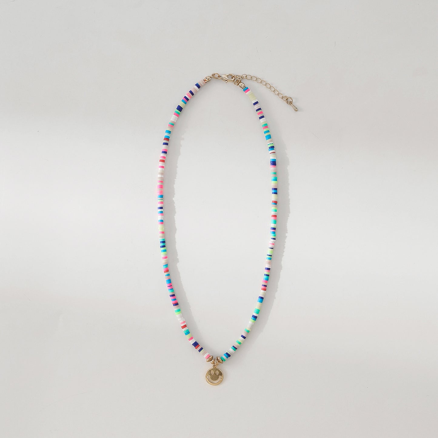 Colorful Thin Fimo Bead Necklace with Gold - Tone Smiley Face Pendant, Boho - Style Jewelry for Women