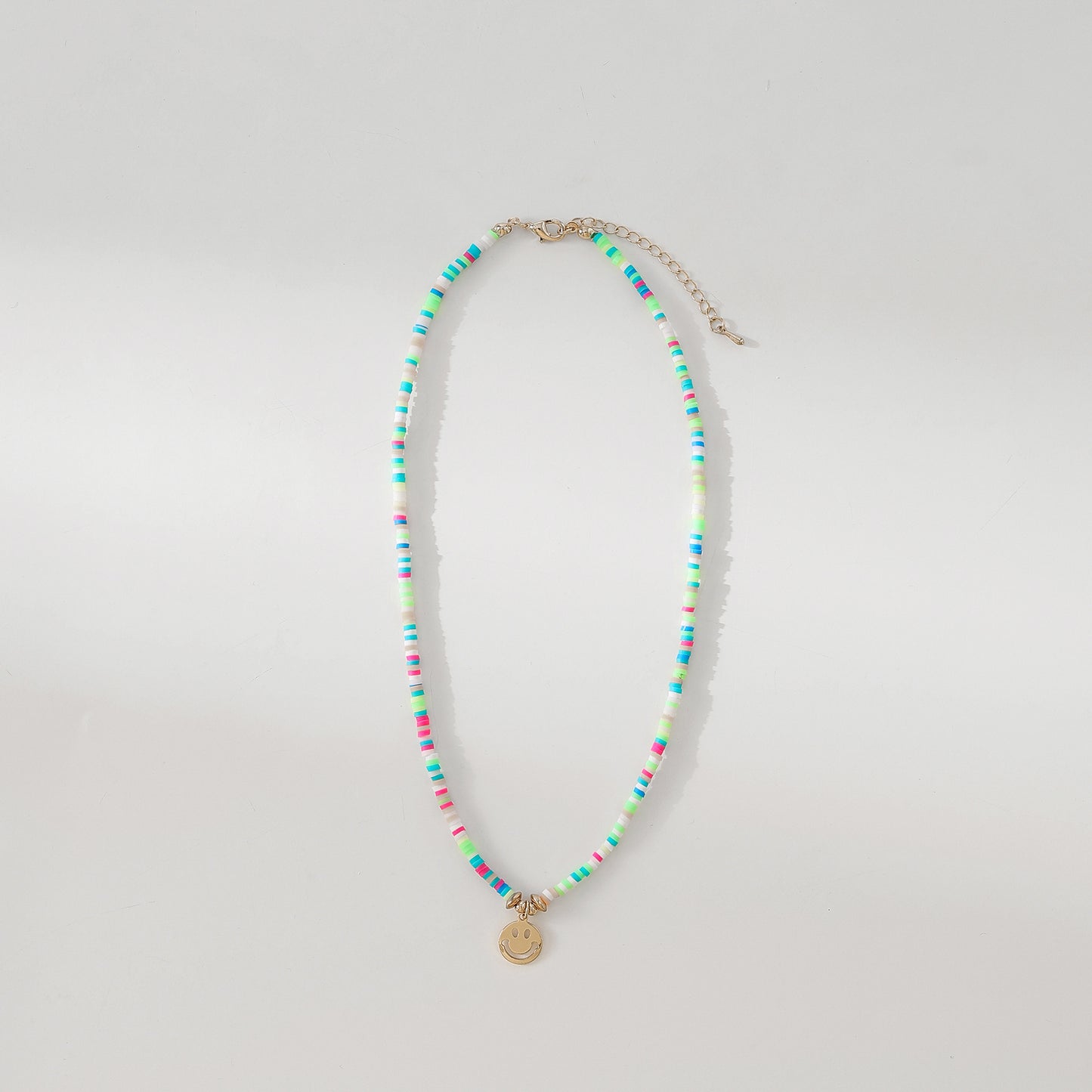 Colorful Thin Fimo Bead Necklace with Gold - Tone Smiley Face Pendant, Boho - Style Jewelry for Women