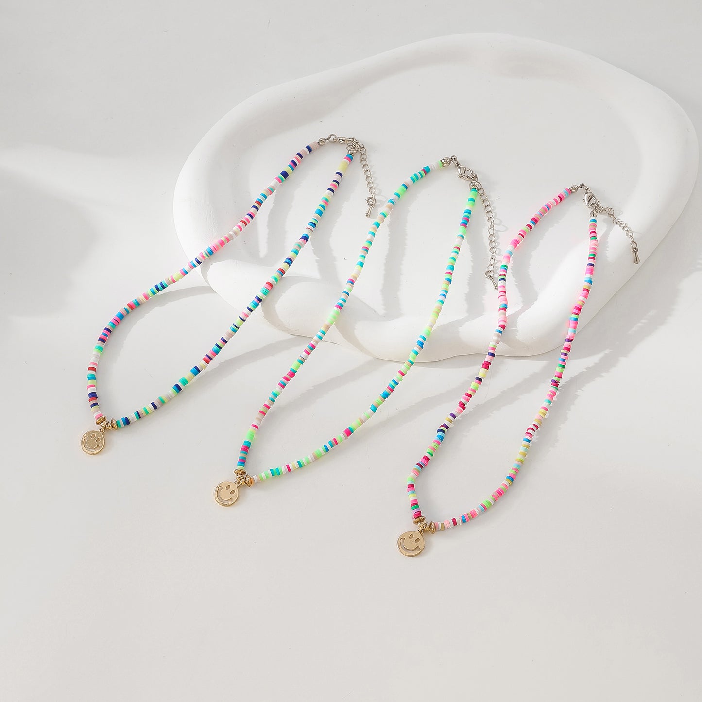 Colorful Thin Fimo Bead Necklace with Gold - Tone Smiley Face Pendant, Boho - Style Jewelry for Women