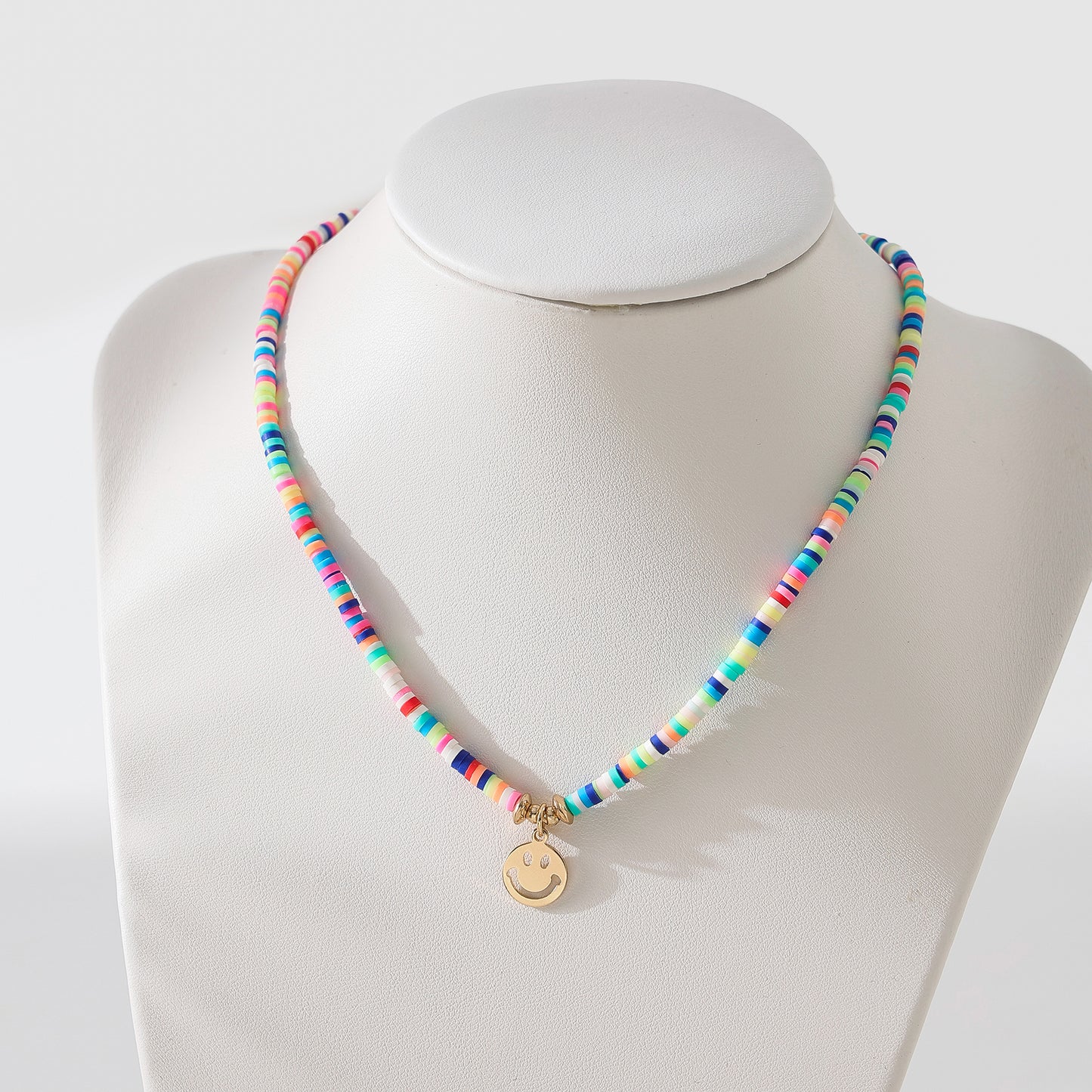 Colorful Thin Fimo Bead Necklace with Gold - Tone Smiley Face Pendant, Boho - Style Jewelry for Women
