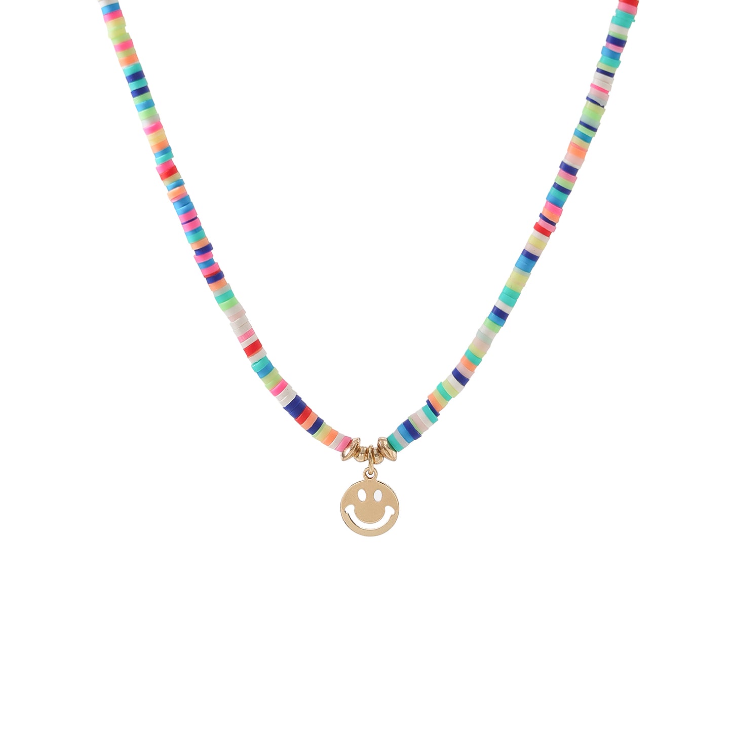 Colorful Thin Fimo Bead Necklace with Gold - Tone Smiley Face Pendant, Boho - Style Jewelry for Women