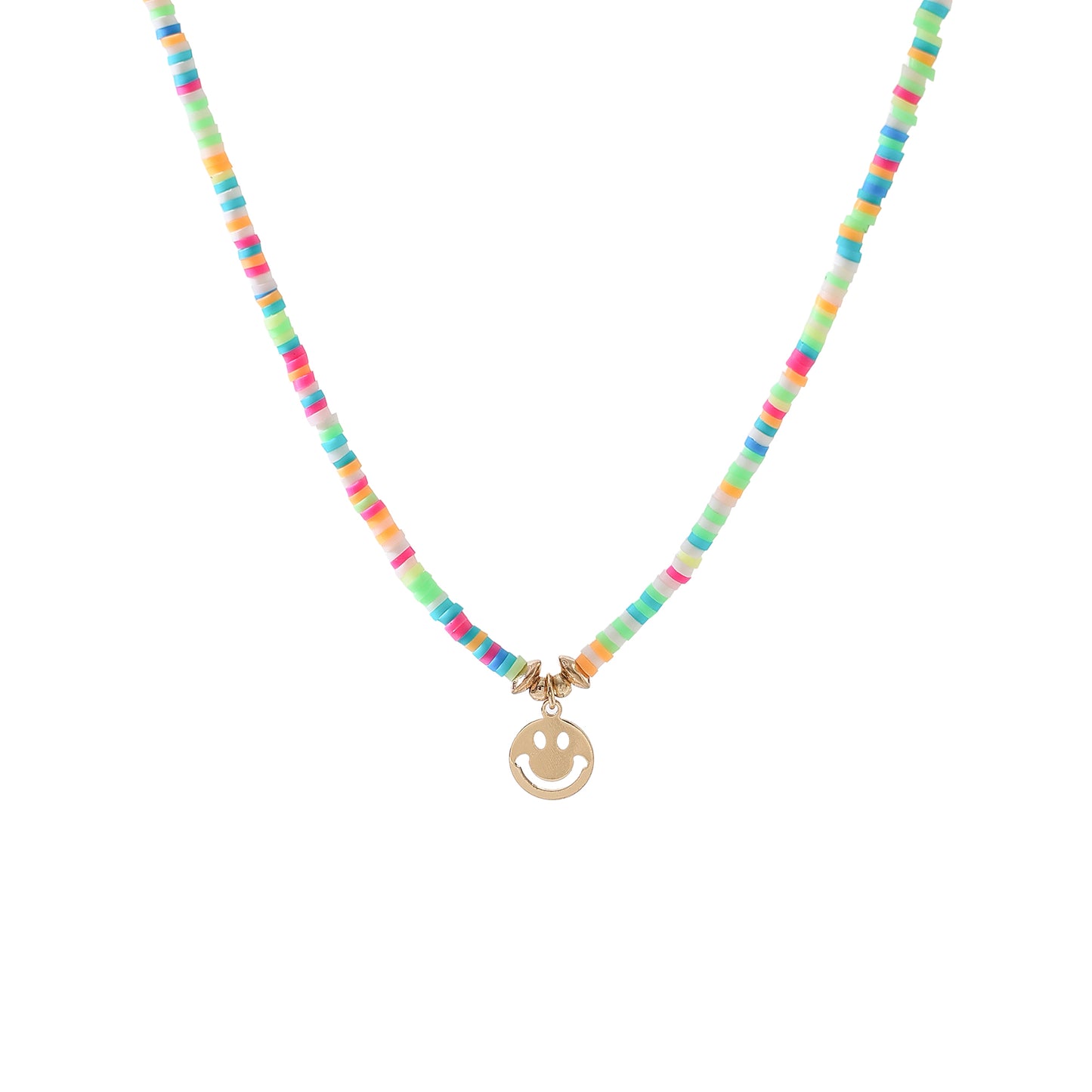 Colorful Thin Fimo Bead Necklace with Gold - Tone Smiley Face Pendant, Boho - Style Jewelry for Women