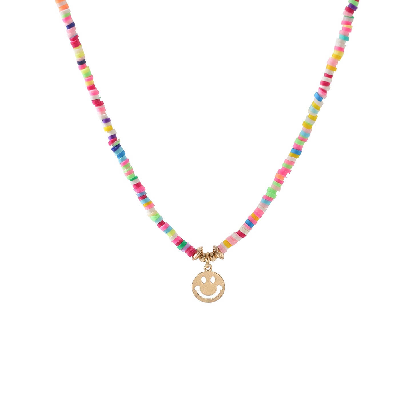 Colorful Thin Fimo Bead Necklace with Gold - Tone Smiley Face Pendant, Boho - Style Jewelry for Women