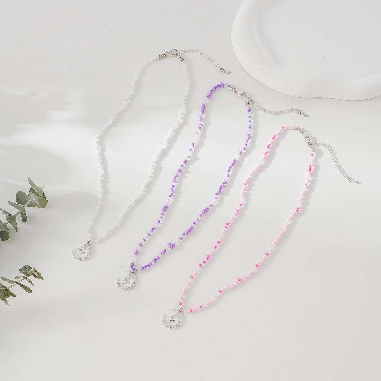 Enchanting Assorted Beaded Necklaces with Sparkling Crystal Half - Moon & Star Pendants for Women