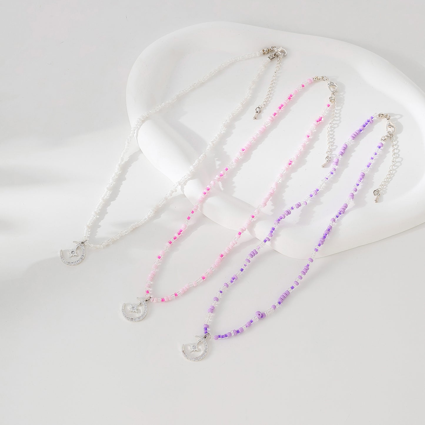 Enchanting Assorted Beaded Necklaces with Sparkling Crystal Half - Moon & Star Pendants for Women