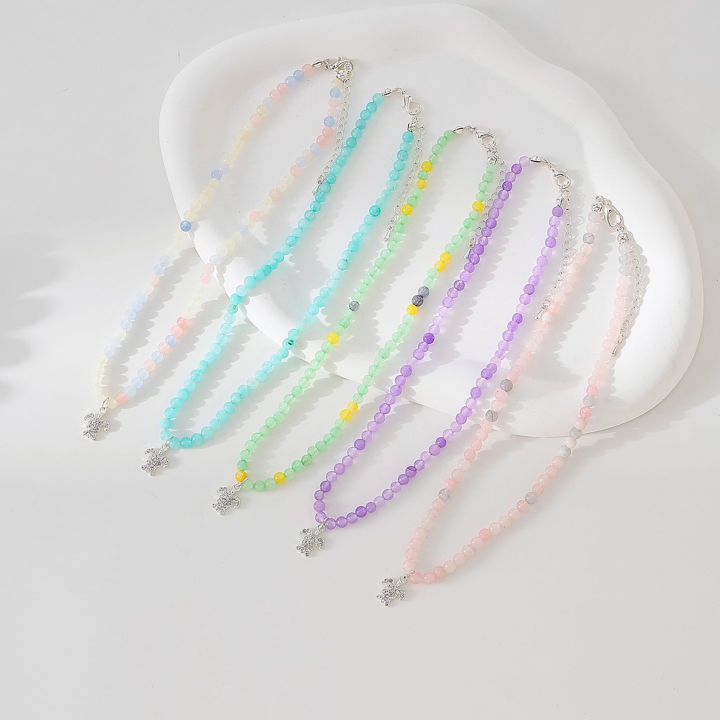Stone beaded Necklace with clear Crystal Turtle charm assorted