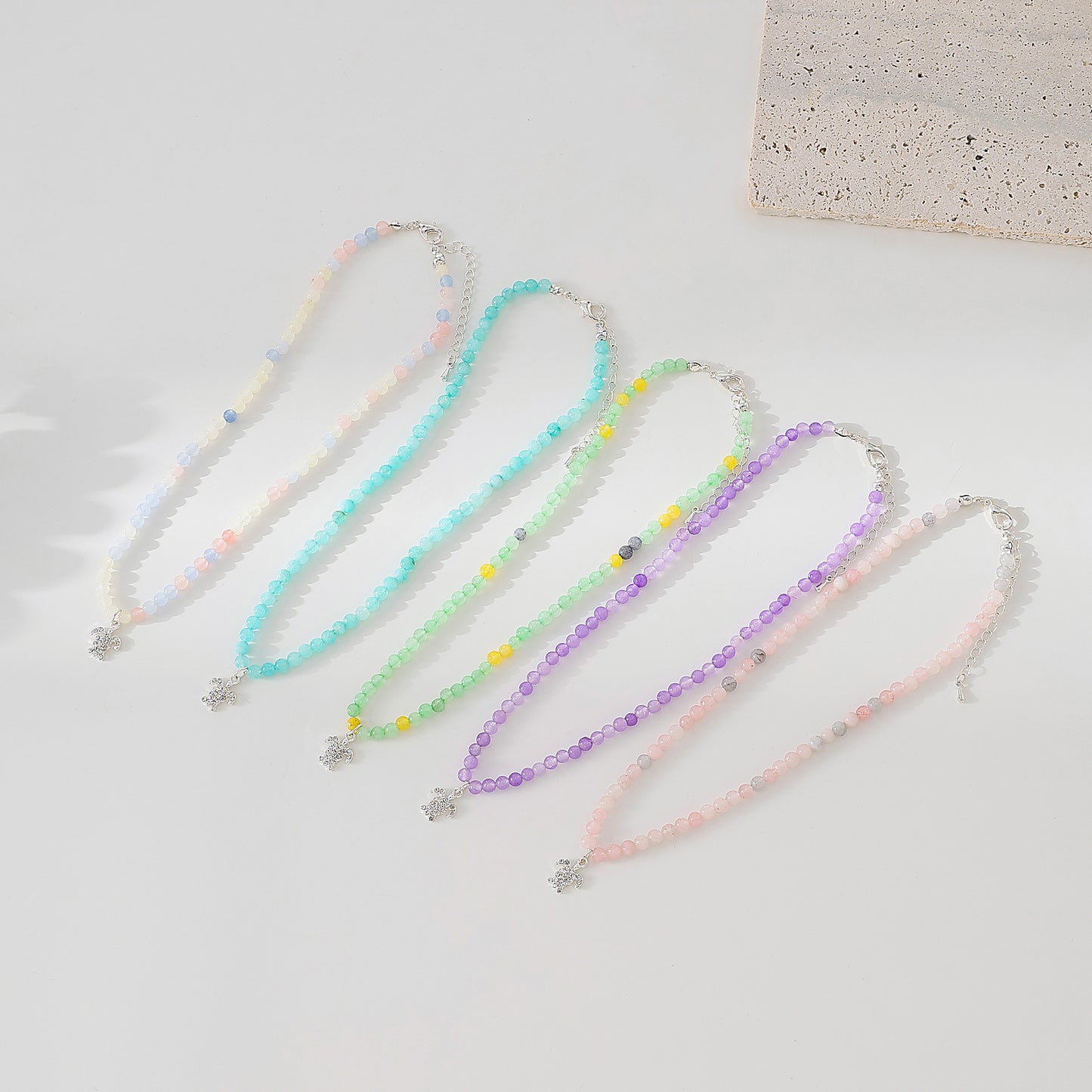 Stone beaded Necklace with clear Crystal Turtle charm assorted