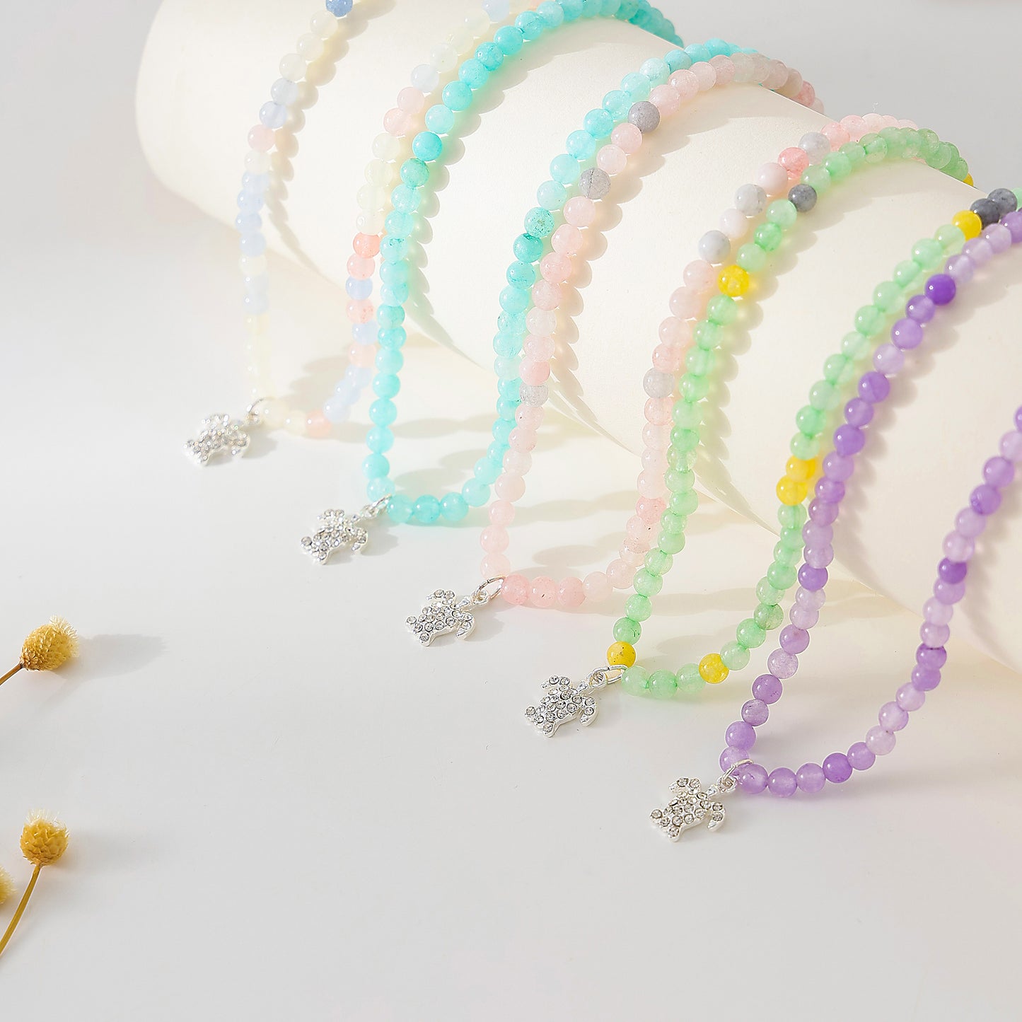 Stone beaded Necklace with clear Crystal Turtle charm assorted