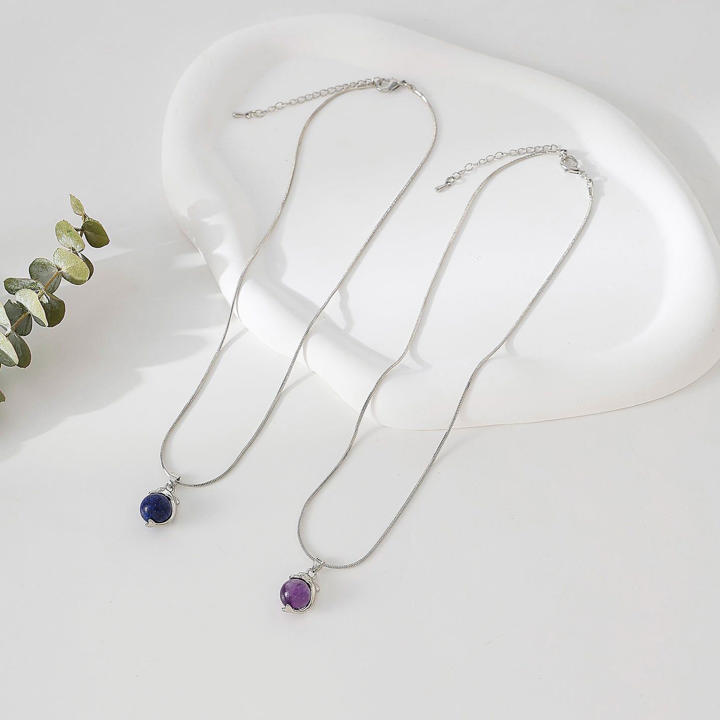 Charming Dolphin - Inspired Silver Chain Necklace with Genuine Round Stones: Amethyst & Lapis Lazuli Options