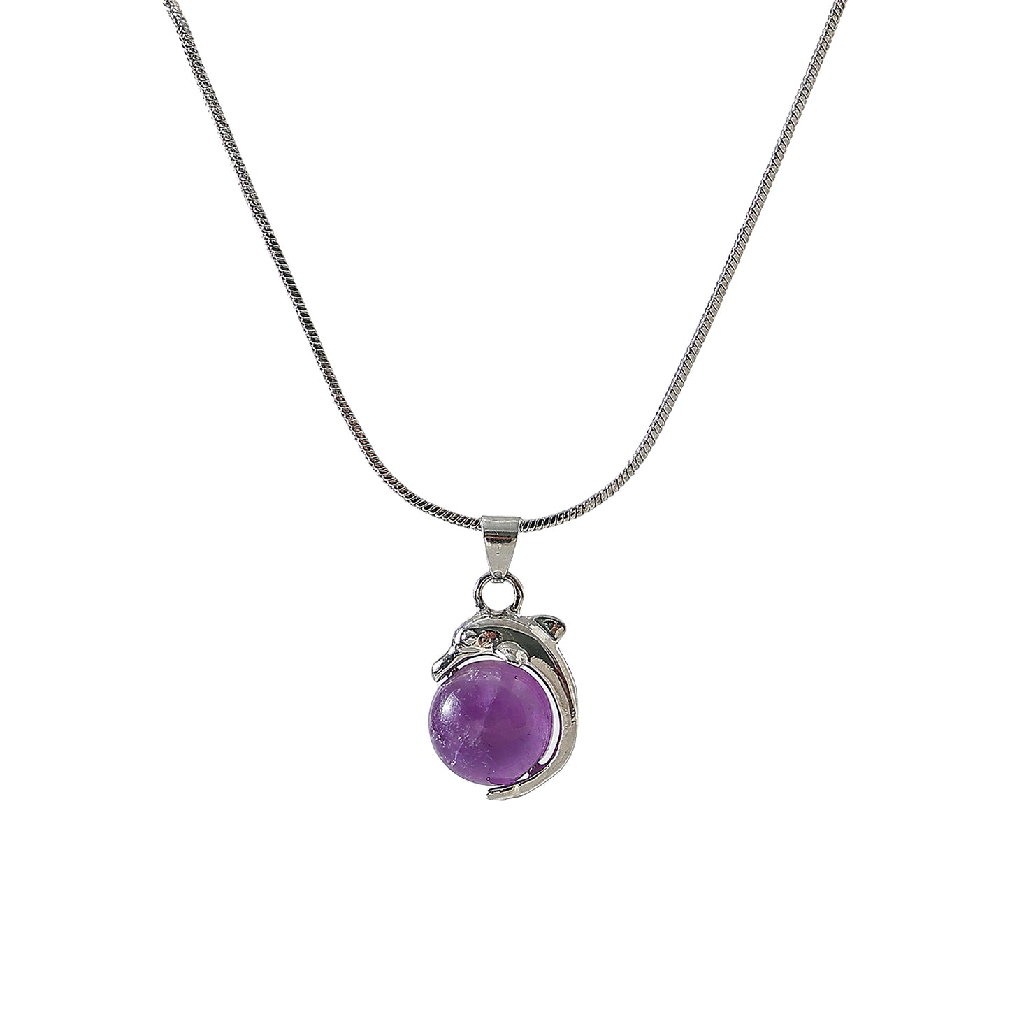 Charming Dolphin - Inspired Silver Chain Necklace with Genuine Round Stones: Amethyst & Lapis Lazuli Options