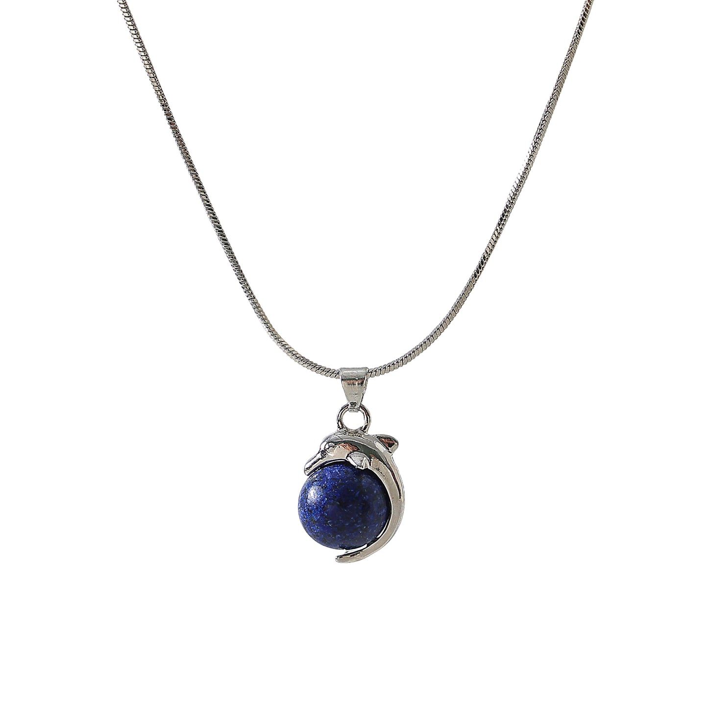 Charming Dolphin - Inspired Silver Chain Necklace with Genuine Round Stones: Amethyst & Lapis Lazuli Options