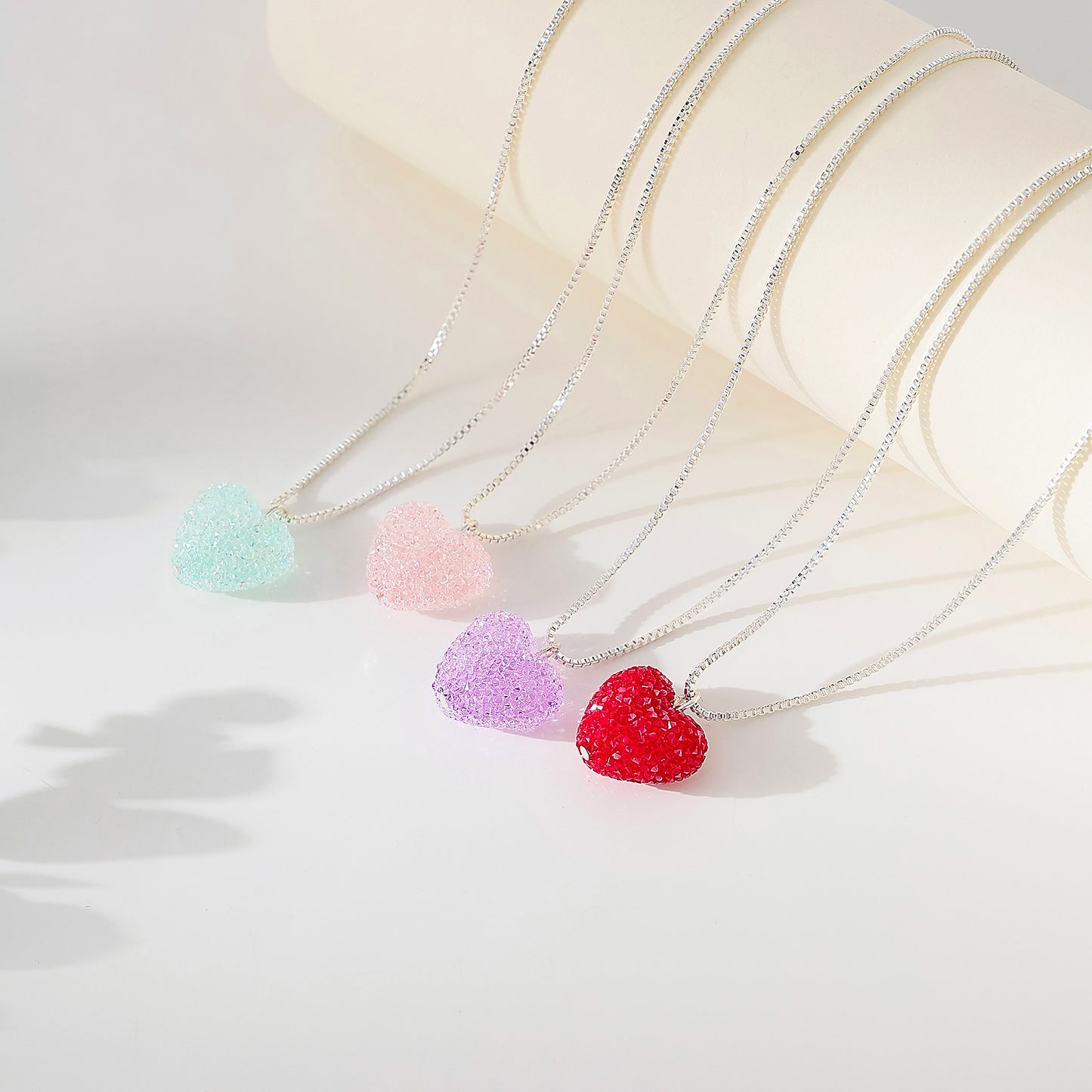 Glittering Sugared Heart Pendant on Silver - Plated Box Chain Necklace for Women