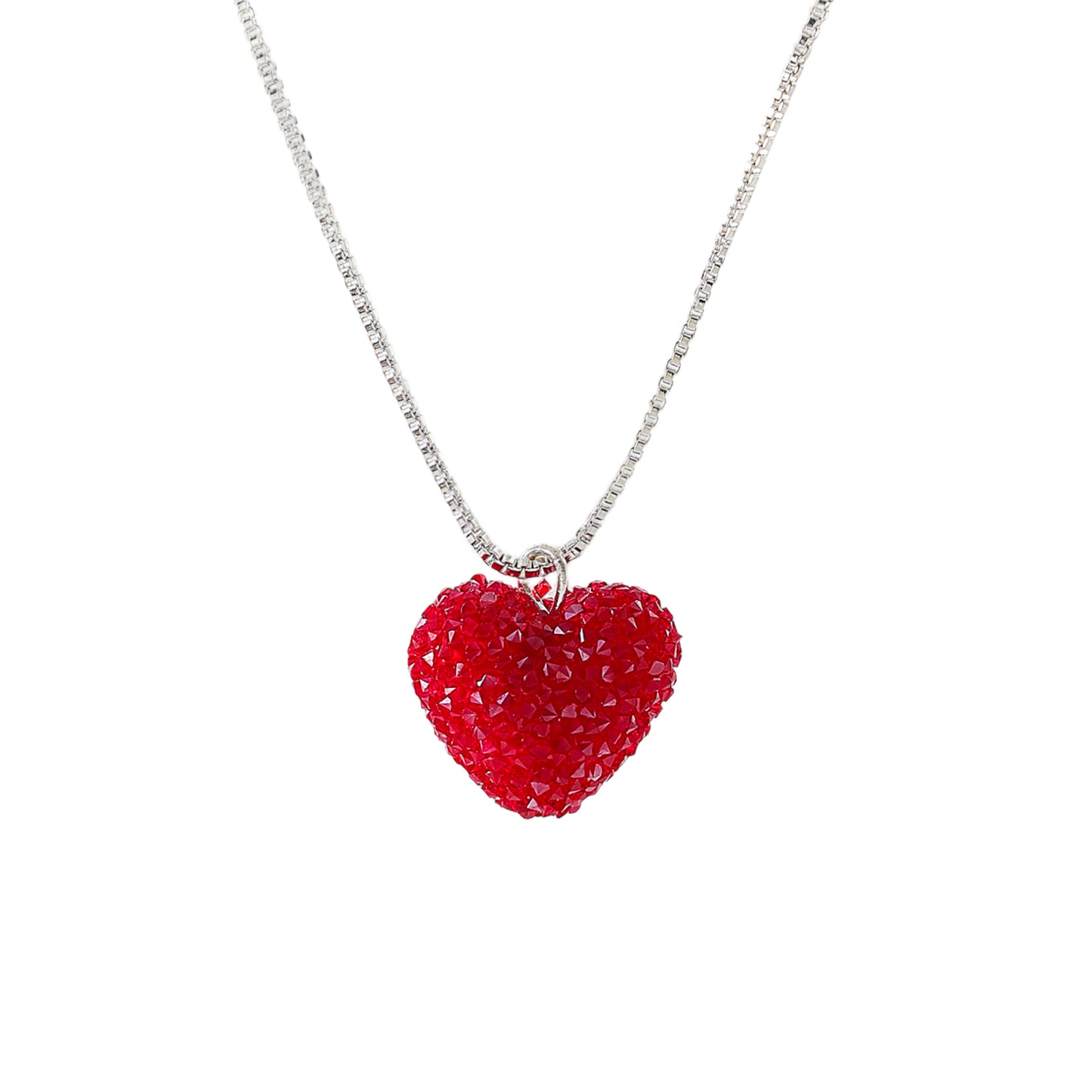Glittering Sugared Heart Pendant on Silver - Plated Box Chain Necklace for Women